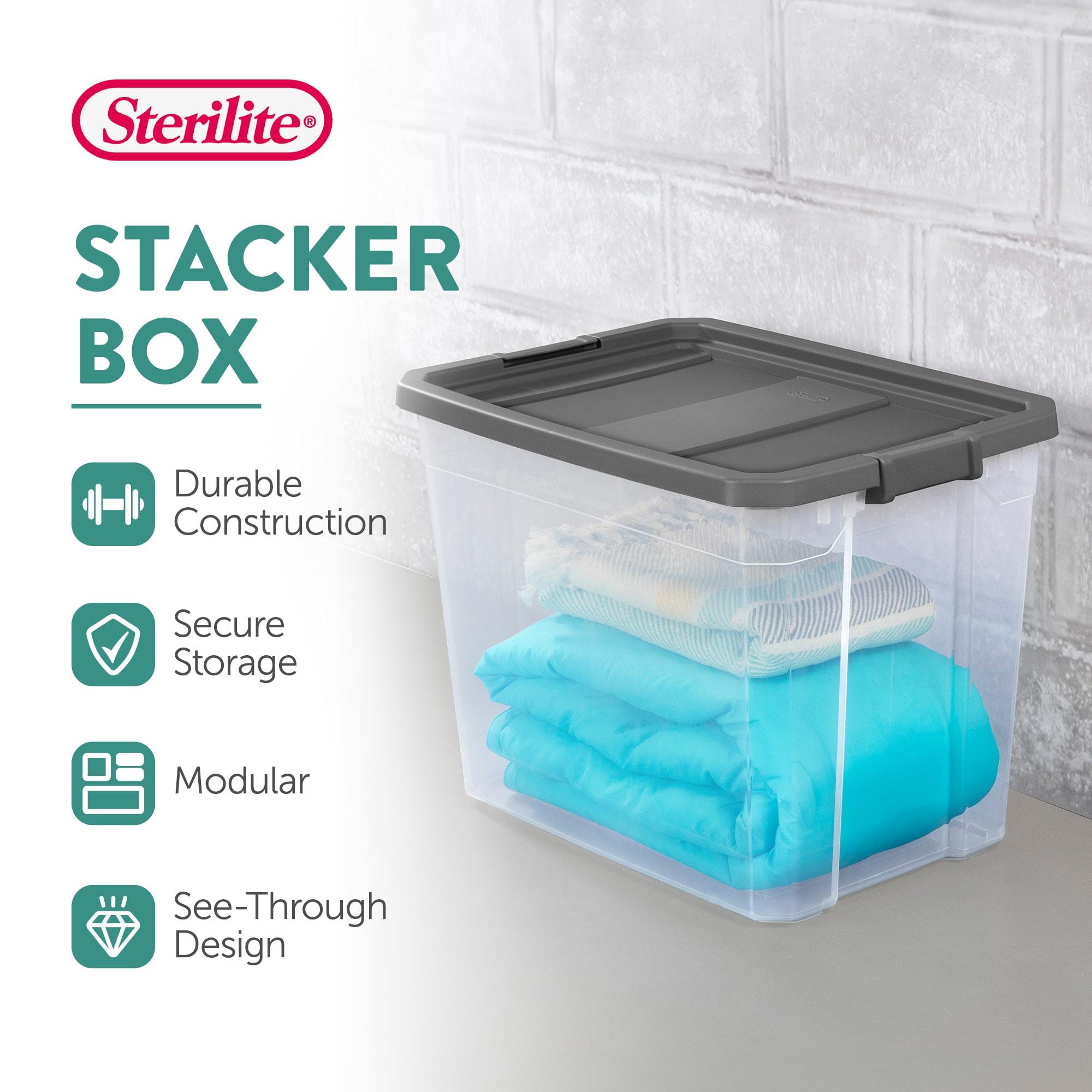 Sterilite 108 Quart Plastic Stacker Box, Lidded Storage Bin Container for Home and Garage Organizing, Shoes, Tools, Clear Base & Gray Lid, 8-Pack