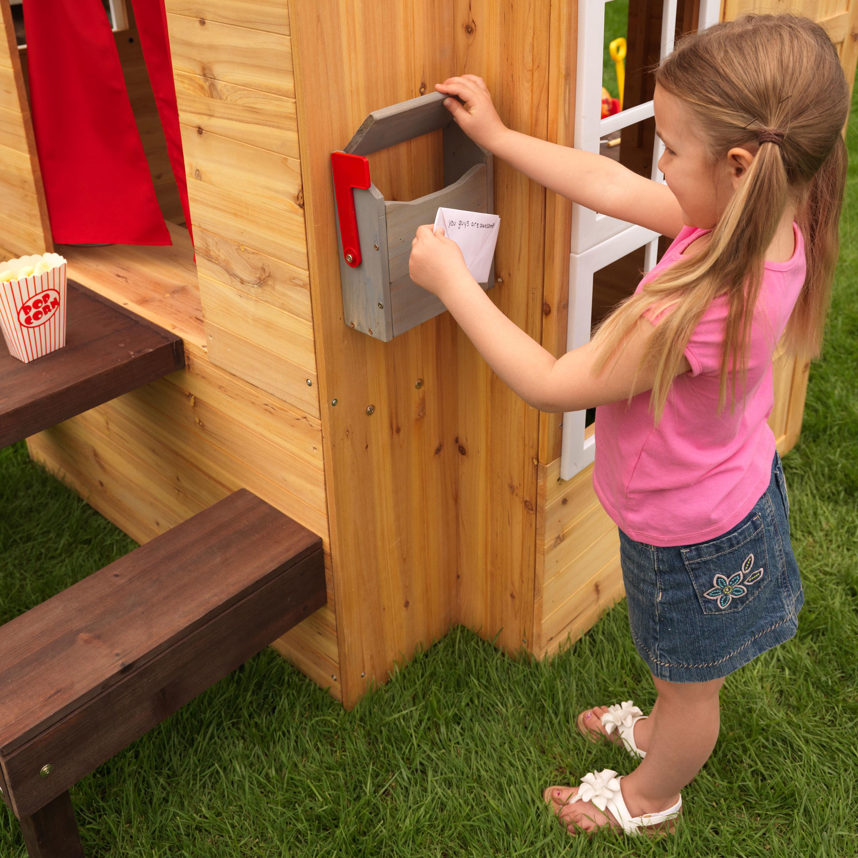 Modern Outdoor Wooden Playhouse with Picnic Table, Mailbox and Outdoor Grill