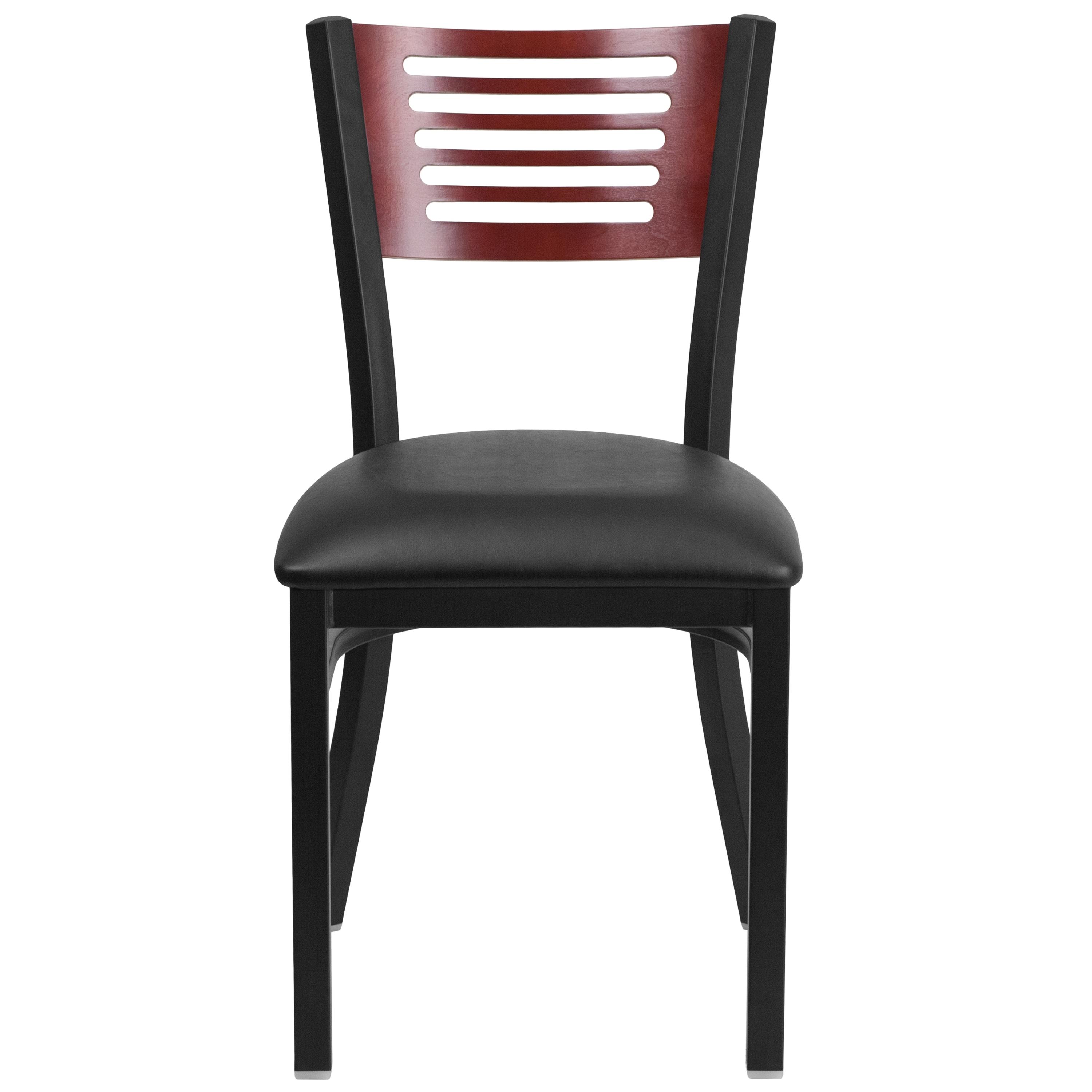 Mahogany Slat-Back Chair with Black Vinyl Seat and Metal Frame