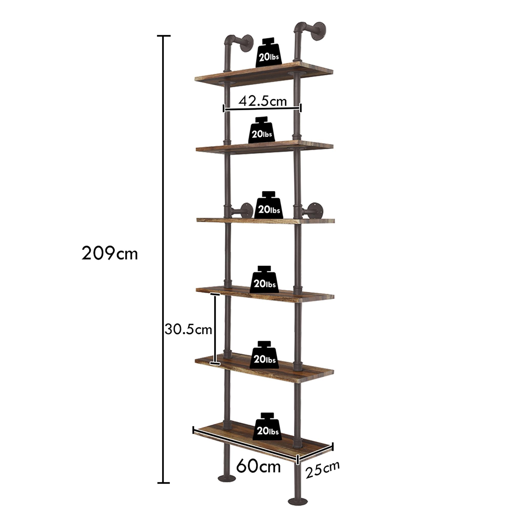 Costway 6-Shelf Rustic Pipe Shelving Unit, Vintage Industrial Pipe Wall Shelf Brown