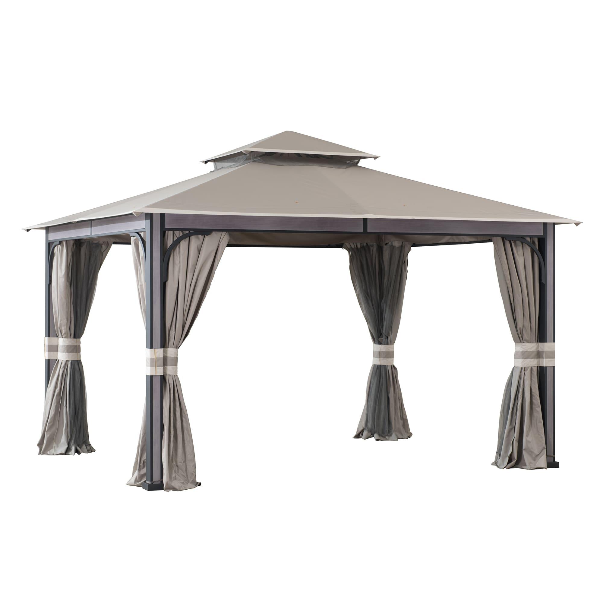 Sunjoy Roberts Outdoor Patio Steel Frame 11 x 13 ft. 2-Tier Soft Top Gazebo with Light Gray Canopy Roof, Netting, and Curtains