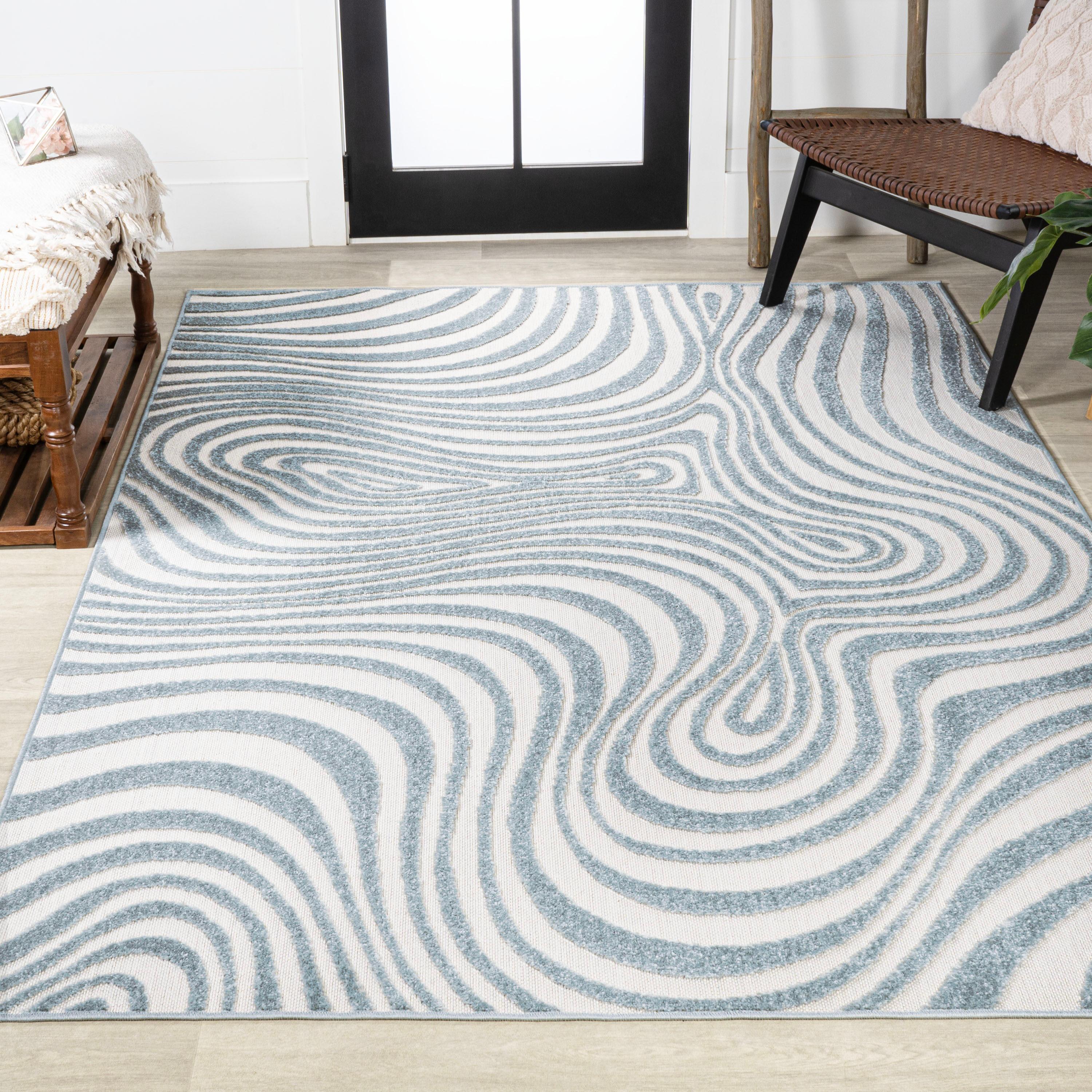 JONATHAN Y Maribo High-Low Abstract Groovy Striped Light Blue/Ivory 5 ft. x 8 ft. Indoor/Outdoor Area Rug