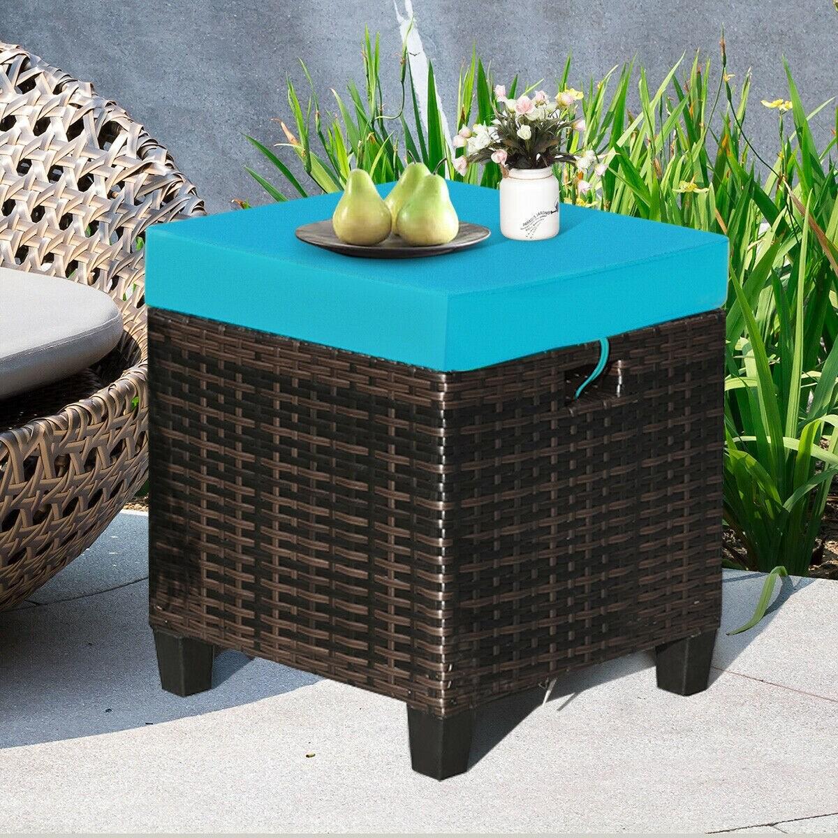 Costway 2PCS Patio Rattan Ottoman Cushioned Seat w/ Foot Rest Turquoise