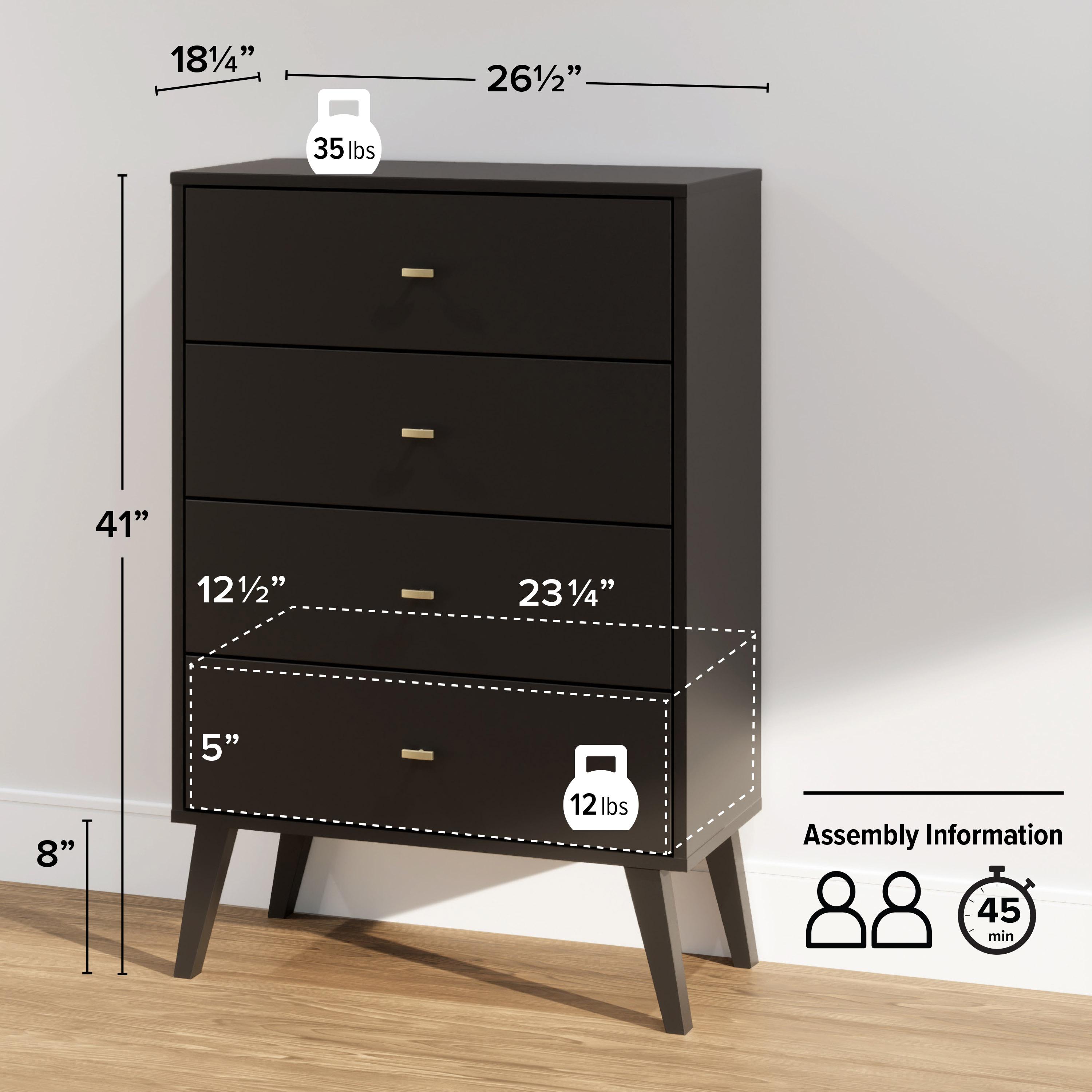 Prepac Milo Mid Century Modern 4-Drawer Vertical Chest, Black