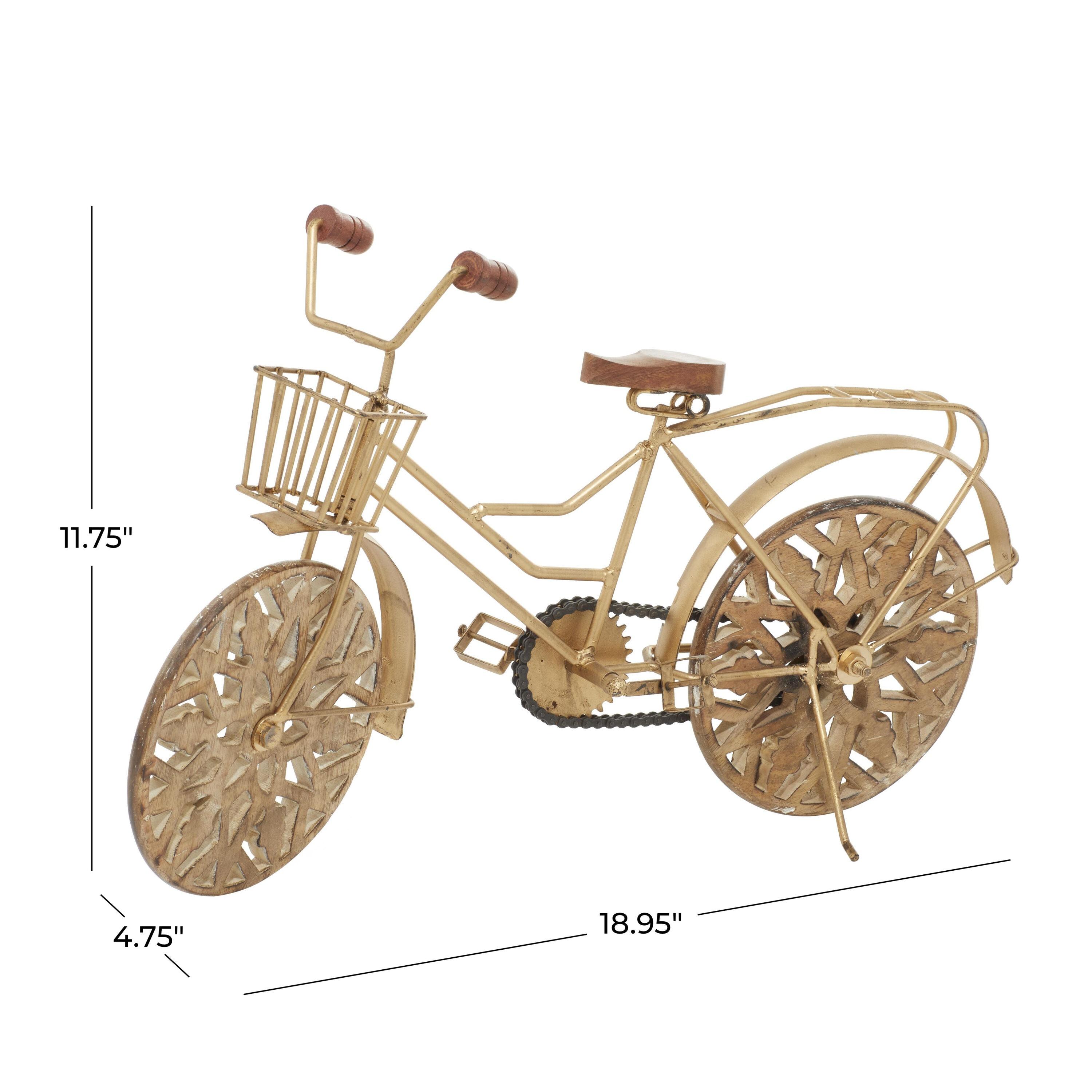 19" x 12" Gold Metal Bike Sculpture with Carved Wood Wheels, by DecMode