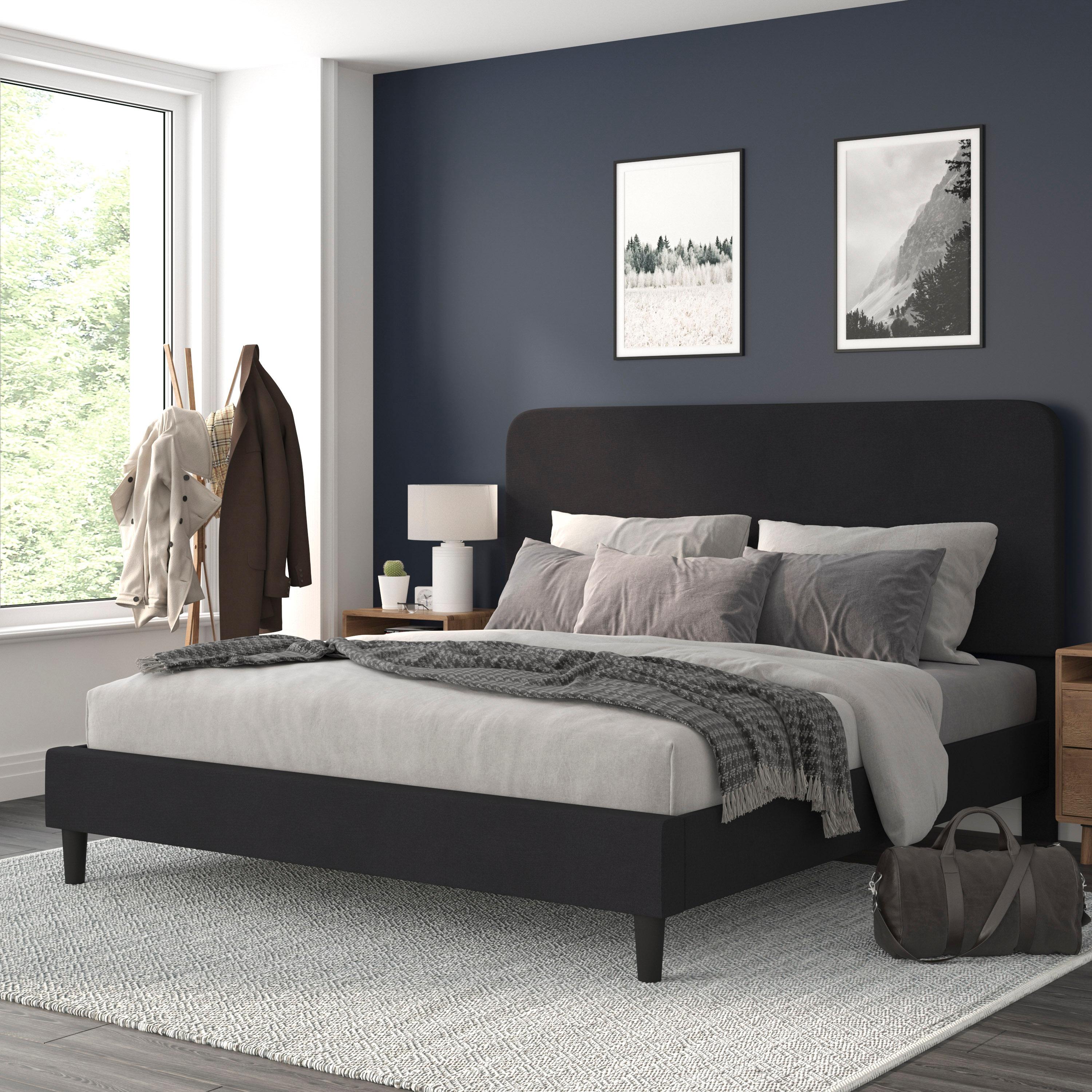 Charcoal King-Sized Upholstered Platform Bed with Metal Frame