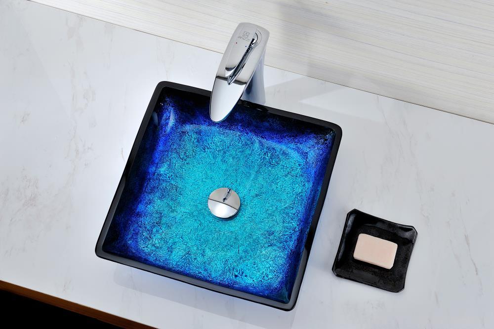 ANZZI Viace 15.13'' Blazing Blue Tempered Glass Square Bathroom Sink