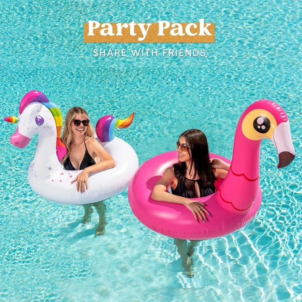Joyfy 2 Packs Pool Floats Tube, Inflatable Unicorn Flamingo Pool Toys Floaties with Headrest, Pool Swim Ring for Kids Adults Beach Lake Summer Fun