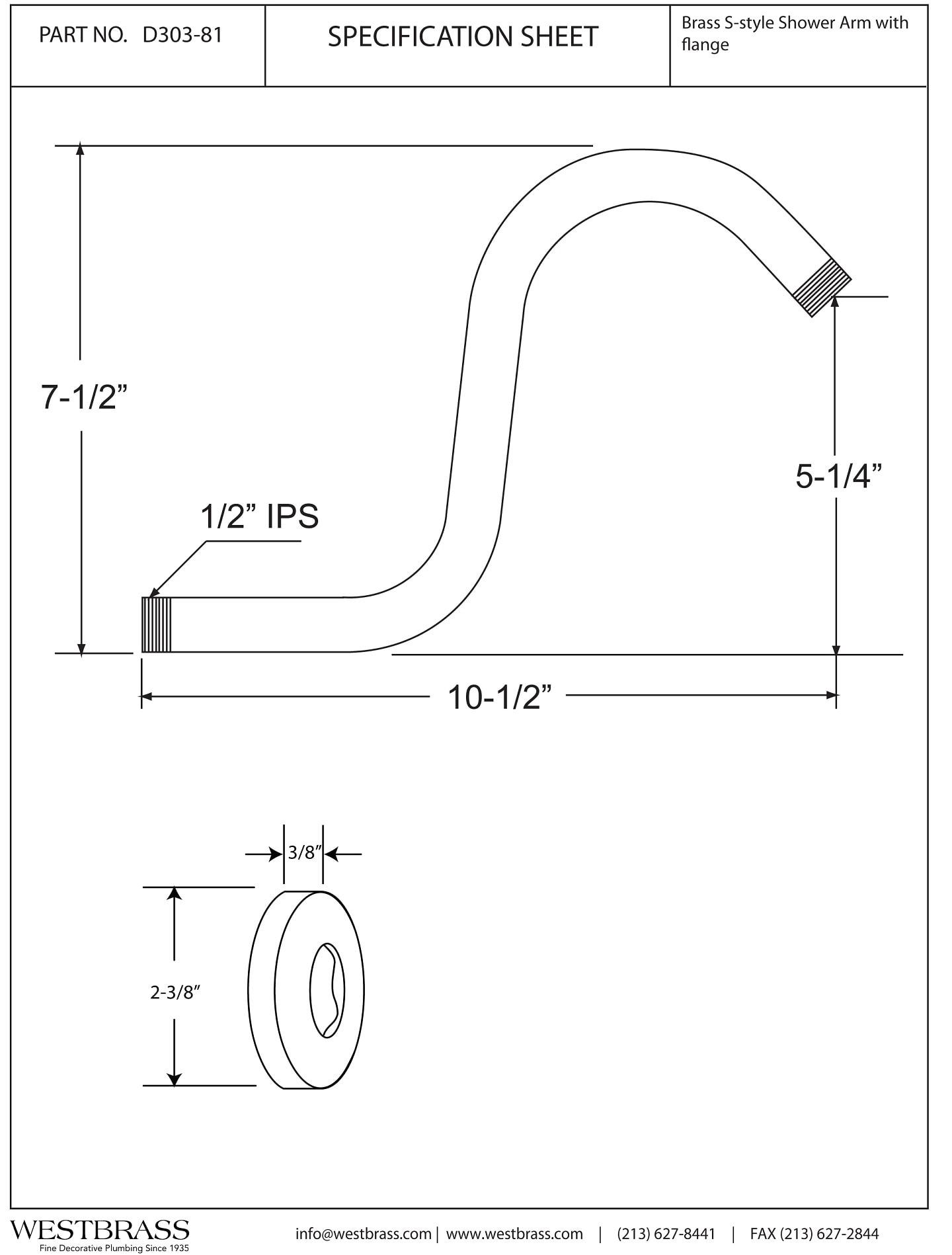 1/2" IPS x 8" S-Shaped Wall Mount Shower Arm with Sure Grip Flange