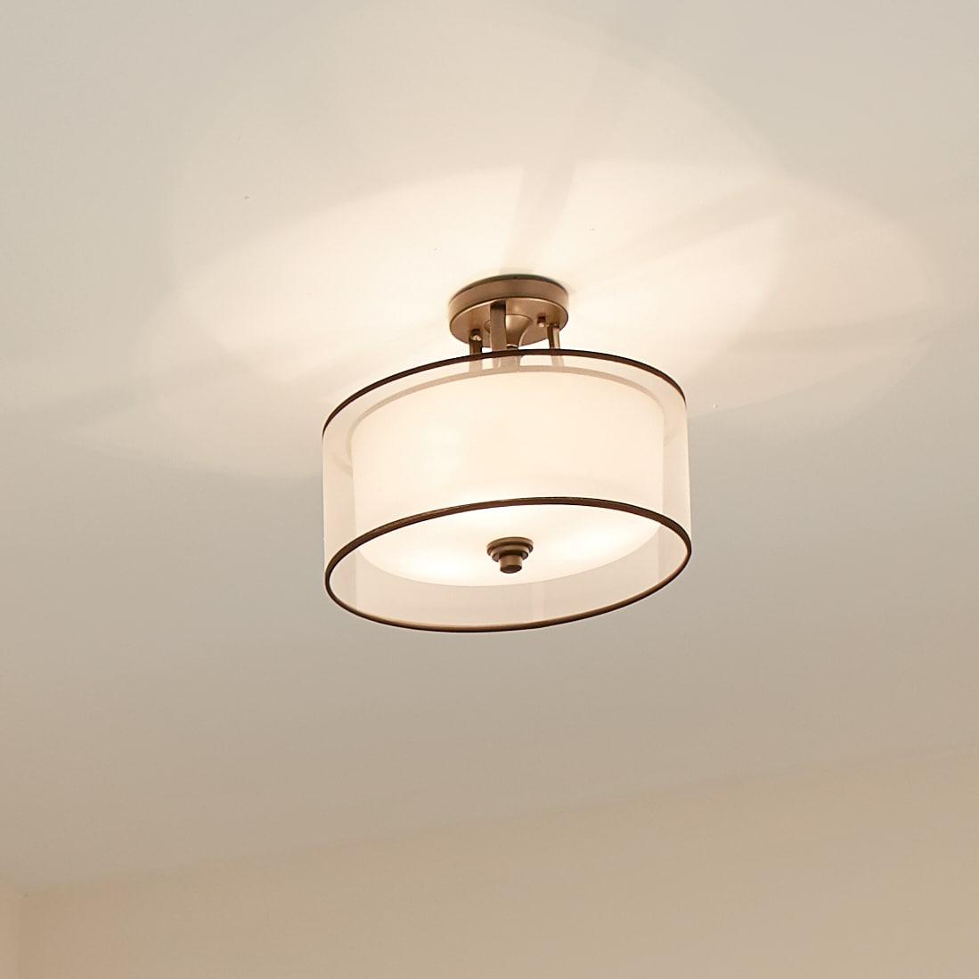 Lacey 15" 3 Light Semi Flush with Satin Etched Cased Opal Inner Diffusers and White Translucent Organza Outer Shade in Antique Pewter