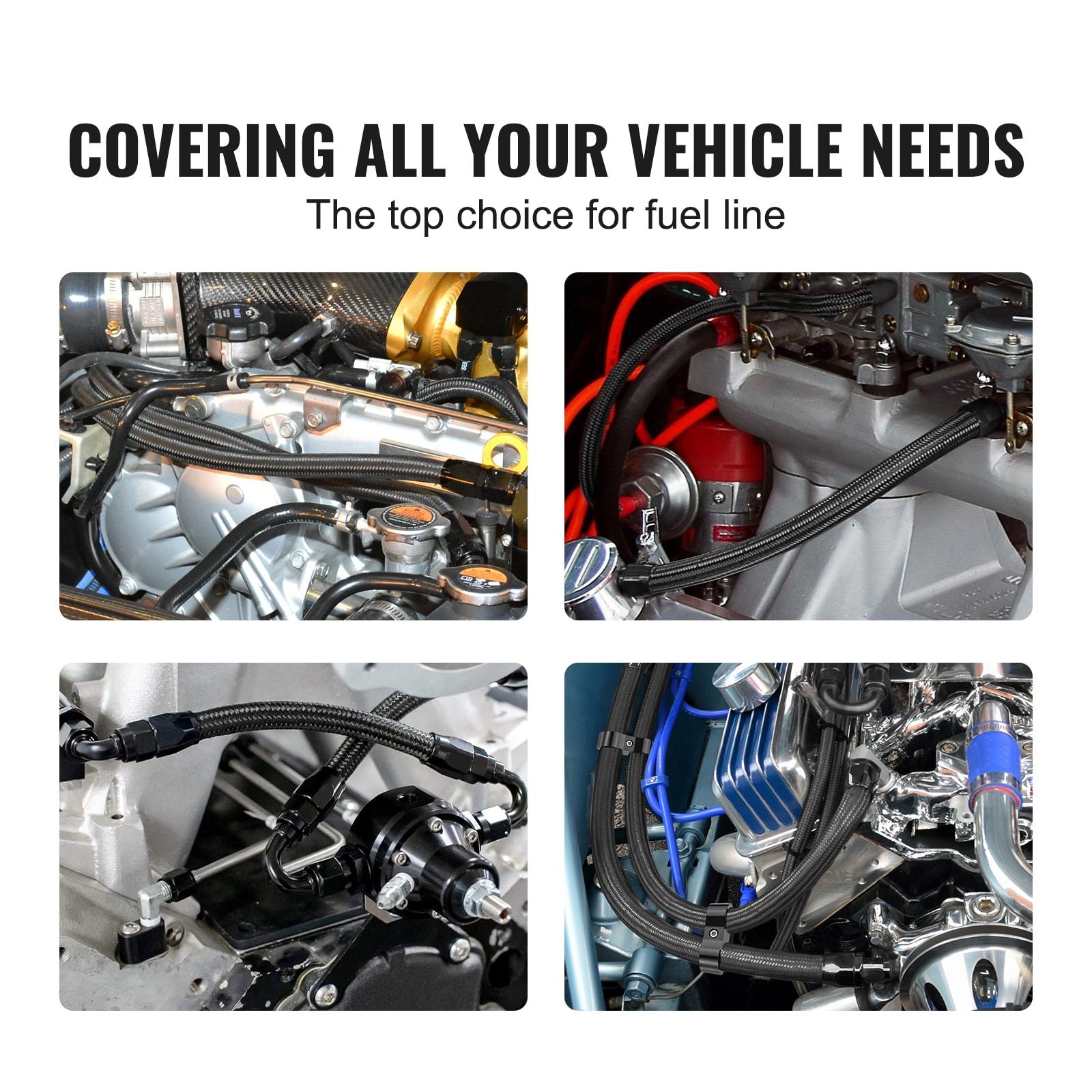 VEVOR 6AN Fuel Line Kit, 20 FT Fuel Hose Kit, 0.34" Nylon Stainless Steel Braided Fuel Line Oil/Gas/Diesel Hose End Fitting Kit, with 12 PCS Swivel Fitting Adapter Kit, Black