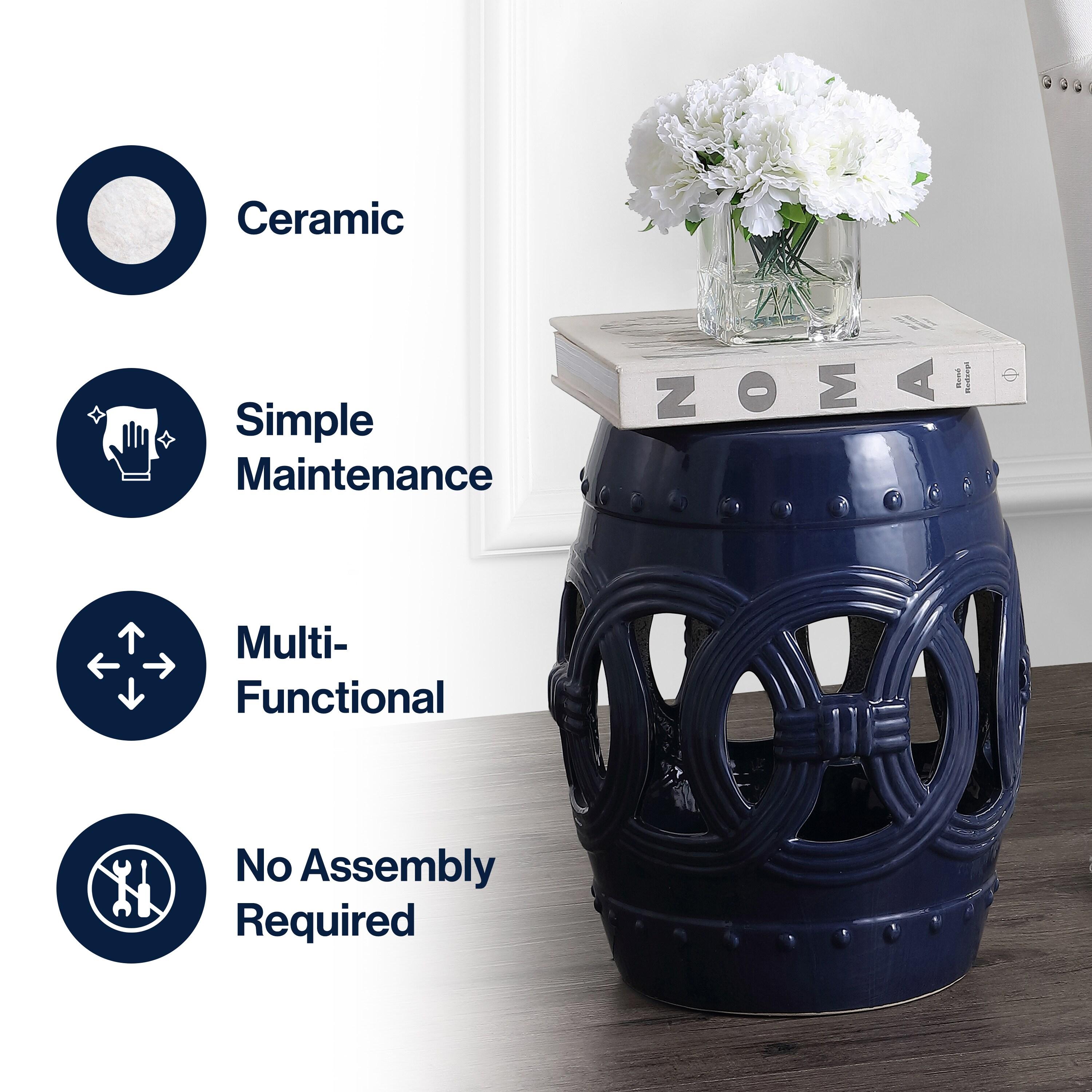 Lucky Coins 16" Eastern-Inspired Ceramic Drum Garden Stool, Navy - JONATHAN Y