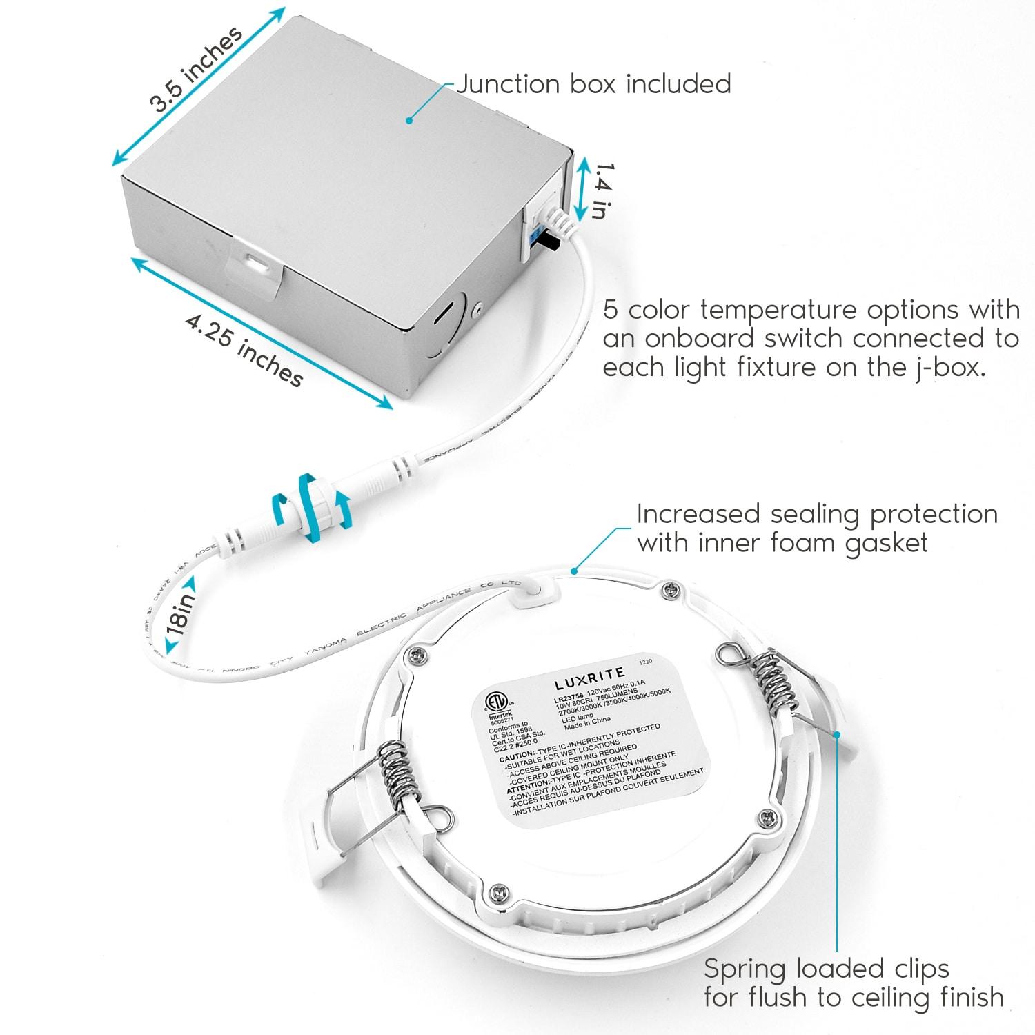 4'' Selectable Color Temperature Dimmable Air-Tight IC Rated LED Canless Recessed Lighting Kit