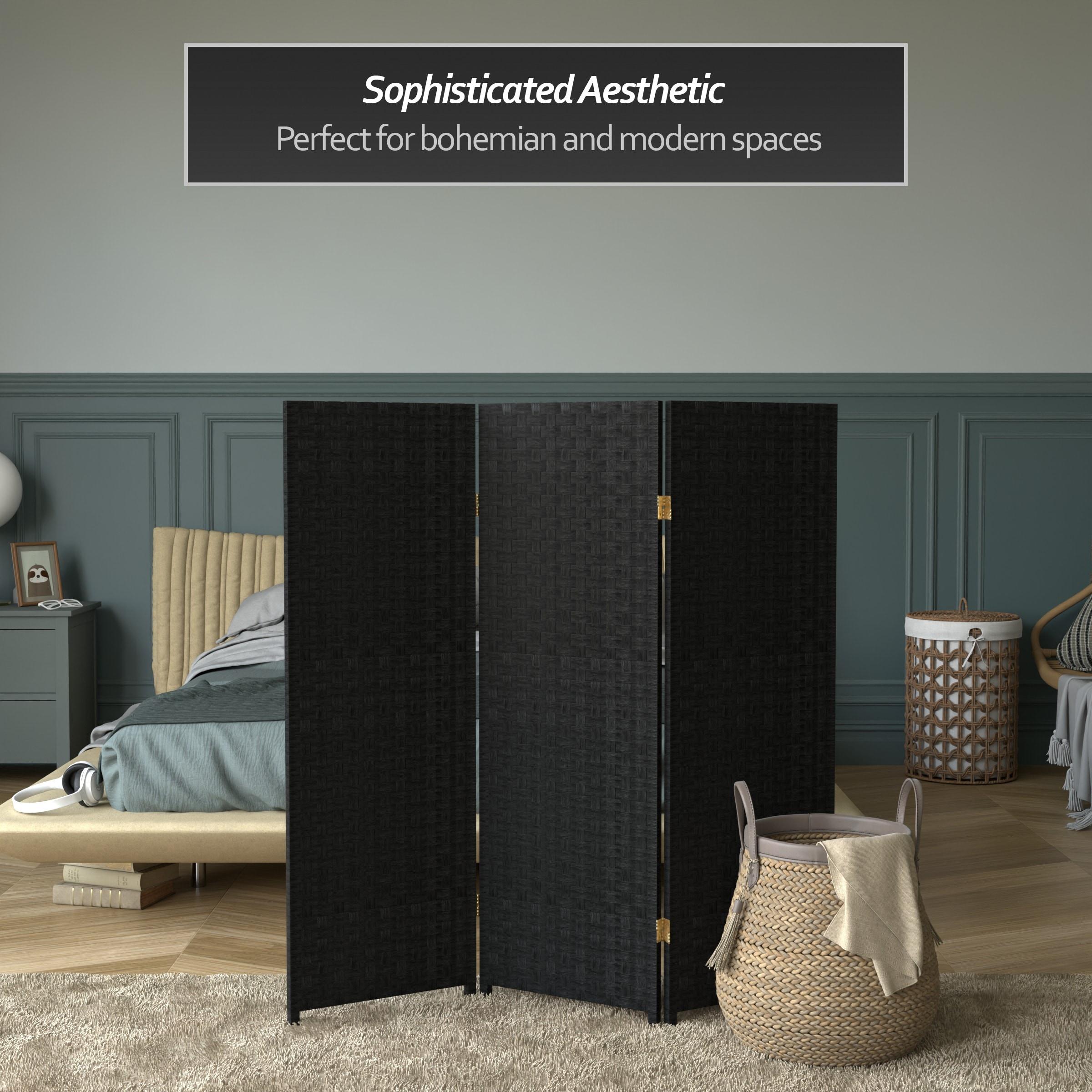 4 ft. Tall Woven Fiber Room Divider - Black (3 Panels) - Oriental Furniture: Rattan-Style, Privacy Screen