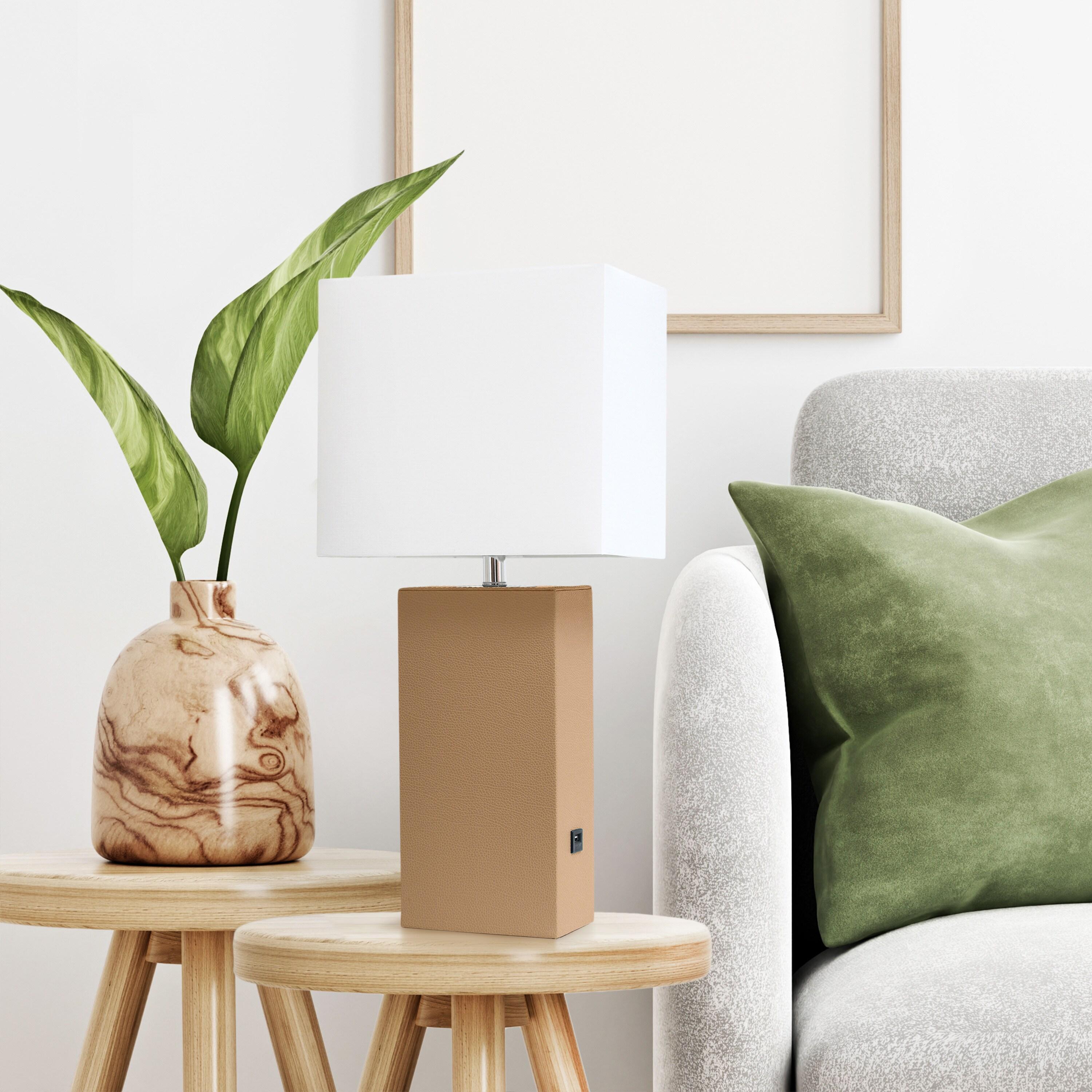21" Lexington Leather Base Modern Home Decor Bedside Table Lamp with USB Charging Port and Fabric Shade Tan/White - Lalia Home: No Assembly