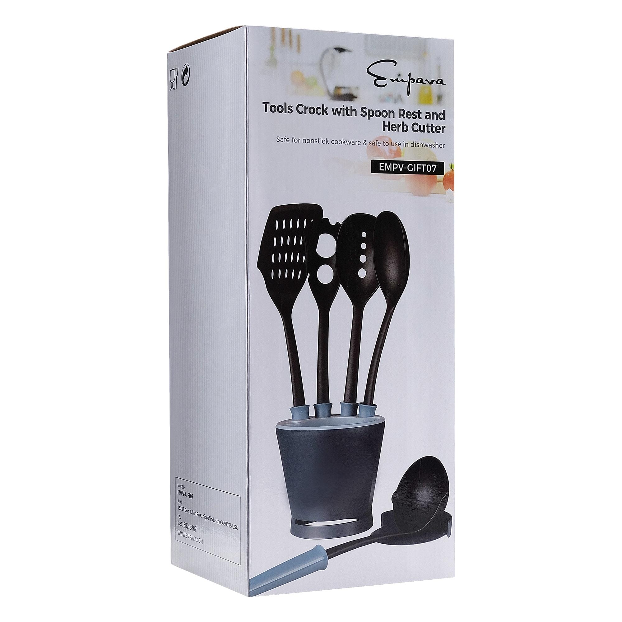 Empava Cooking Gadget Tools Set With K36 Dart Handle, Crock Sets With 5 Pcs Kitchen Utensil With Spoon Rest, Ladle, Spaghetti Spoon, Slotted Turner, Solid Spoon, Slotted Spoon