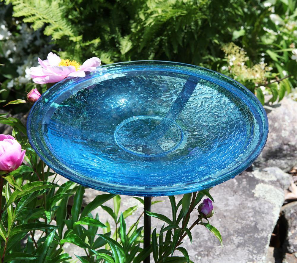 Crackle Glass Birdbath Bowl with Stake, 14-in