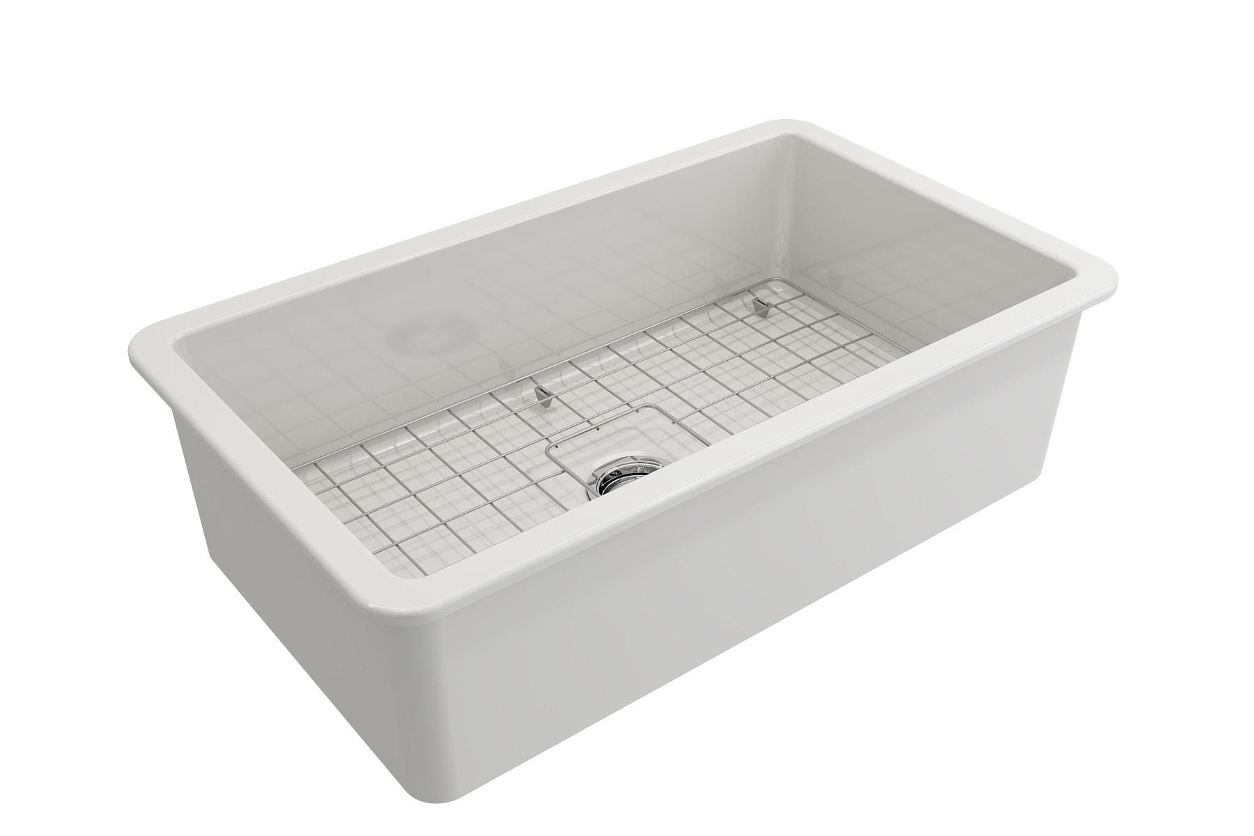 BOCCHI Sotto Undermount Fireclay 32 in. Single Bowl Kitchen Sink with Protective Bottom Grid and Strainer in Matte White