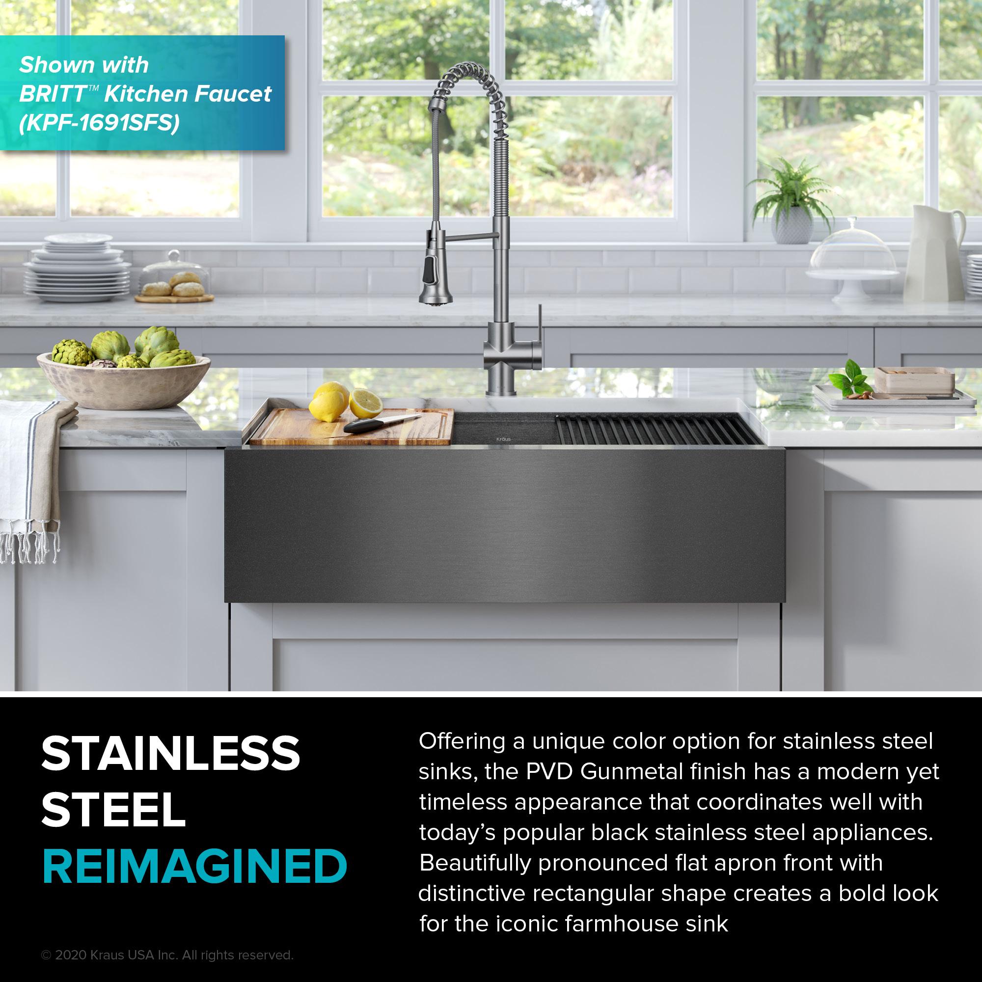 KRAUS Kore™ Workstation 33" L Farmhouse Modern Flat Apron Front 16 Gauge Black Stainless Steel Single Bowl Kitchen Sink