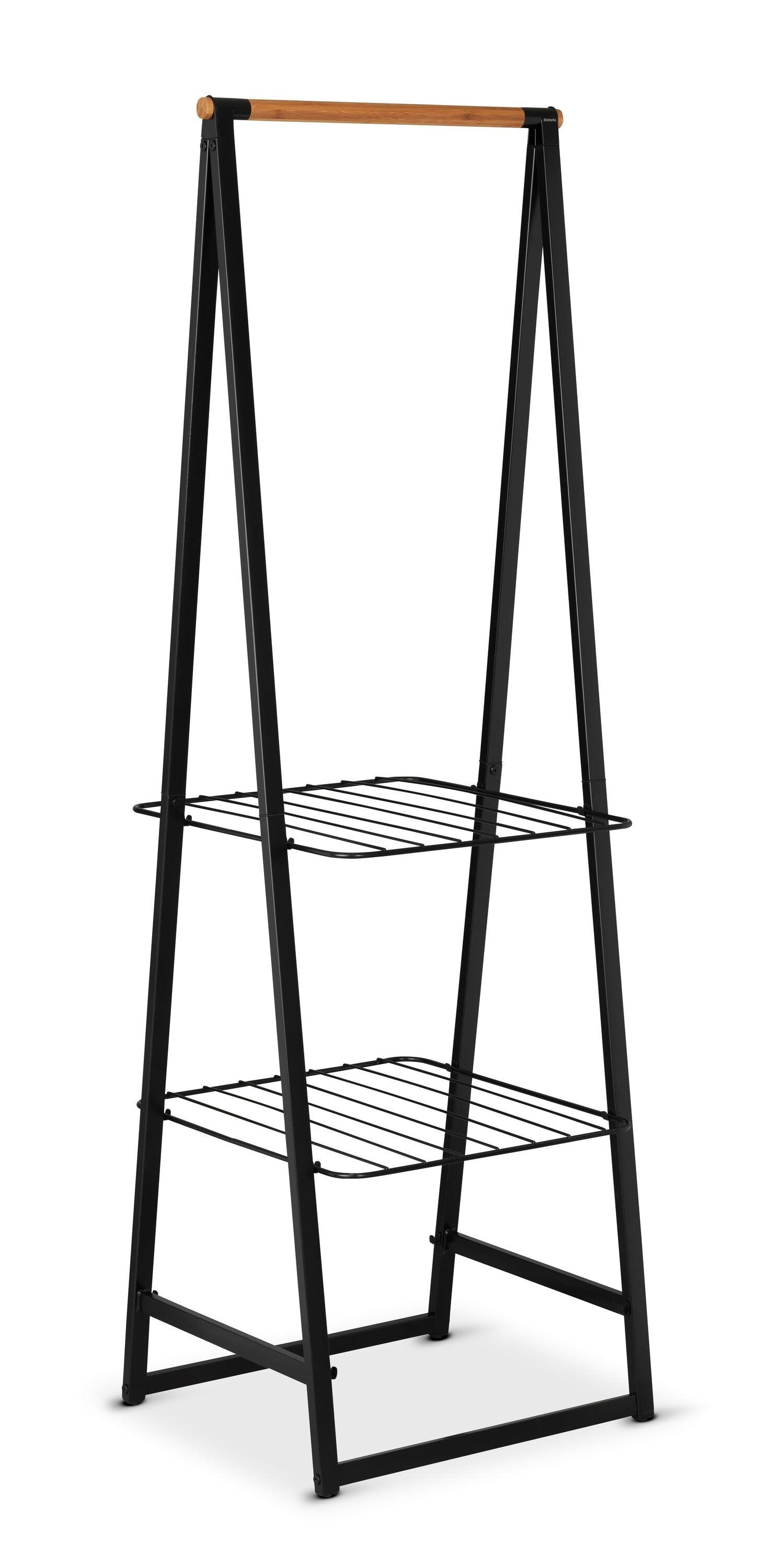 Black Steel and Bamboo Freestanding Garment Rack with Adjustable Shelves