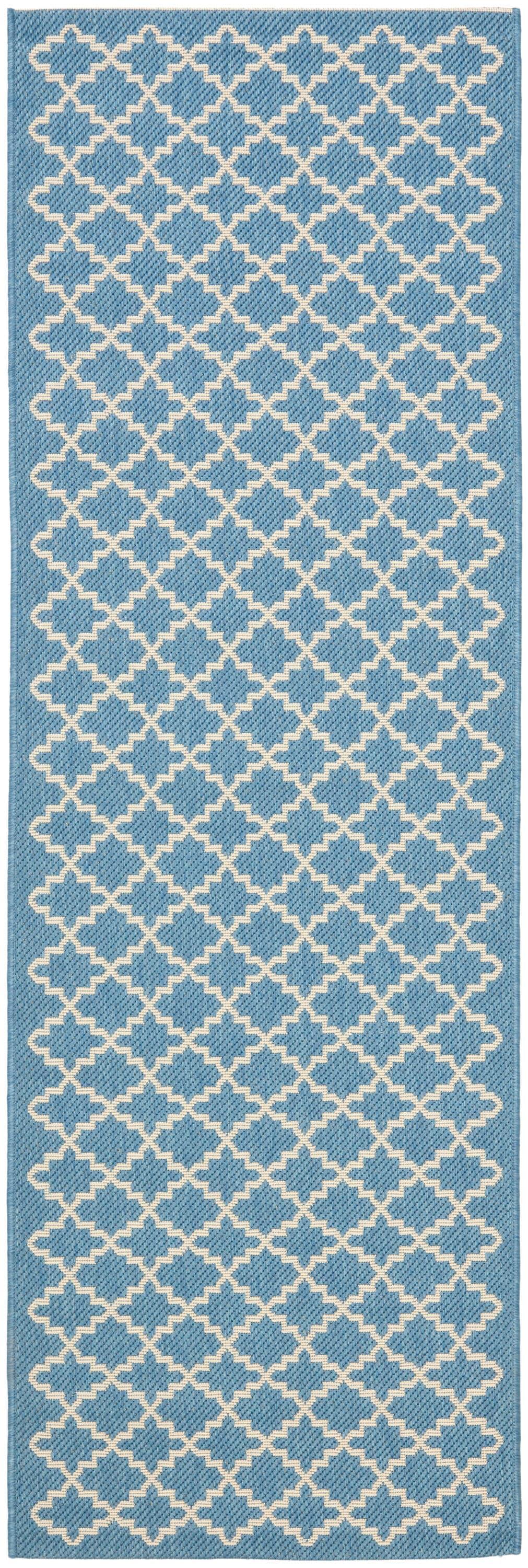 SAFAVIEH Courtyard Hilbert Geometric Indoor/Outdoor Runner Rug, Blue/Beige, 2'3" x 14'