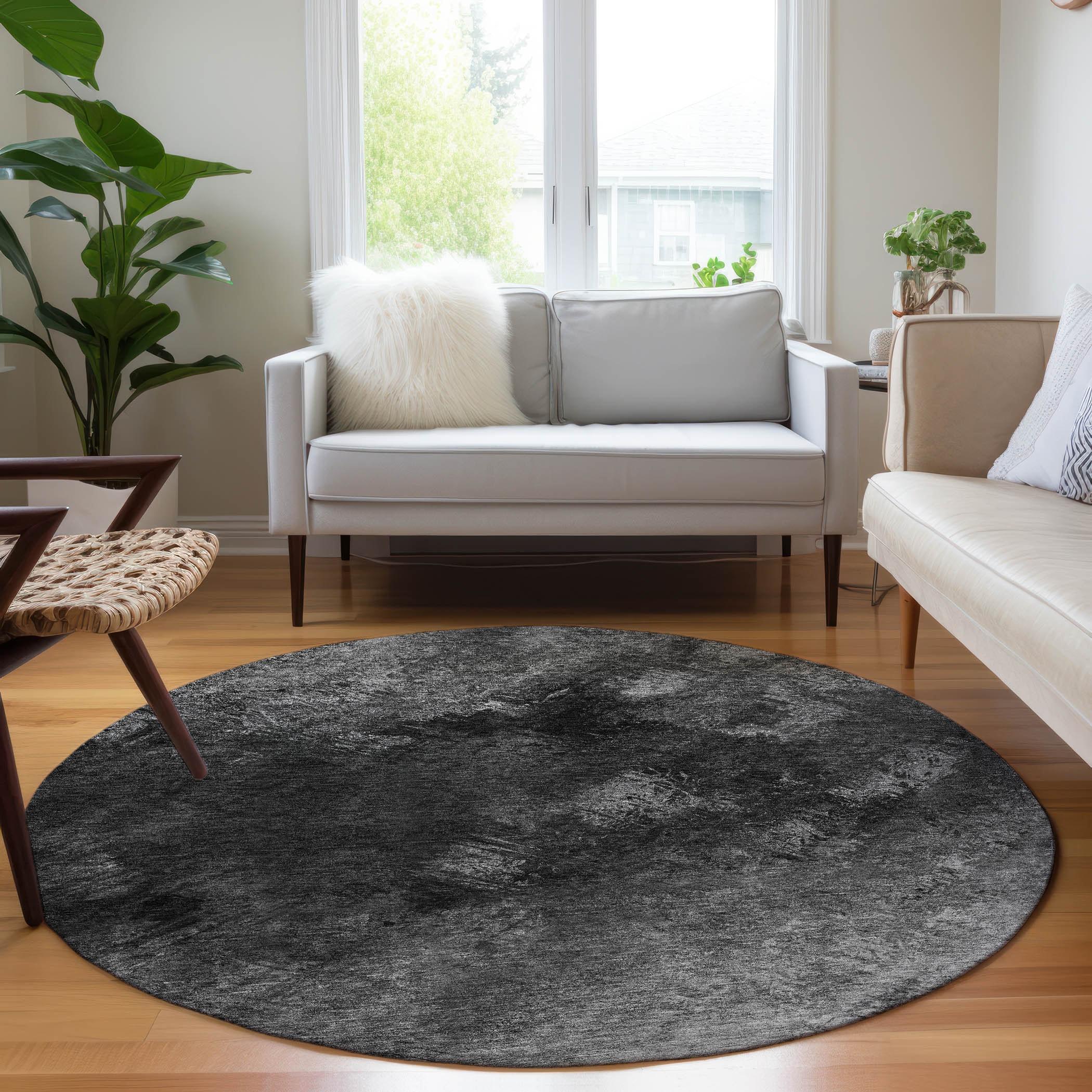 Gray Round Machine Washable Synthetic Rug, 8' x 8'