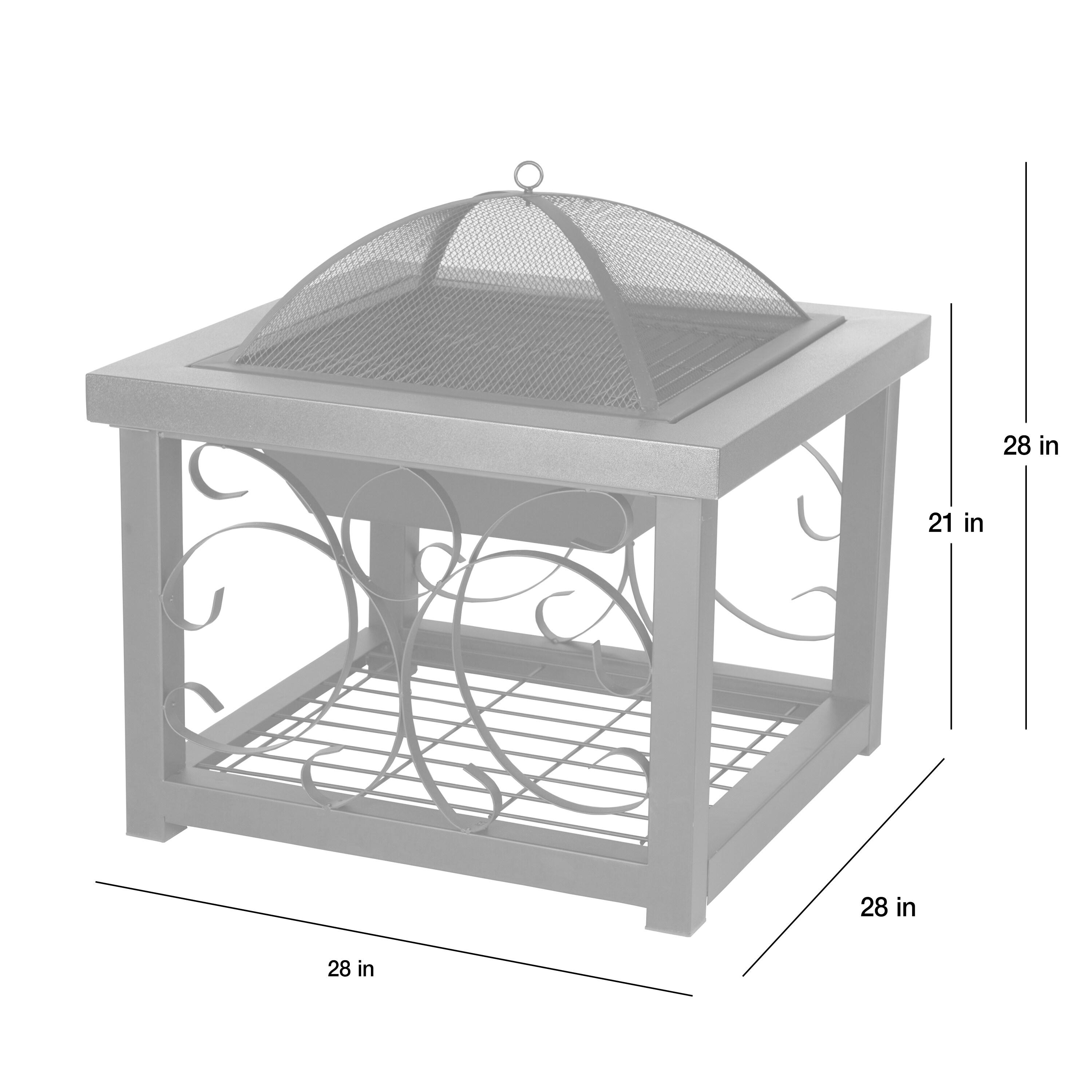 Fire Sense Fire Pit Cocktail Square Table Wood Burning Mesh Spark Screen Wood Grate with Storage Rack – Hammered Bronze Finish