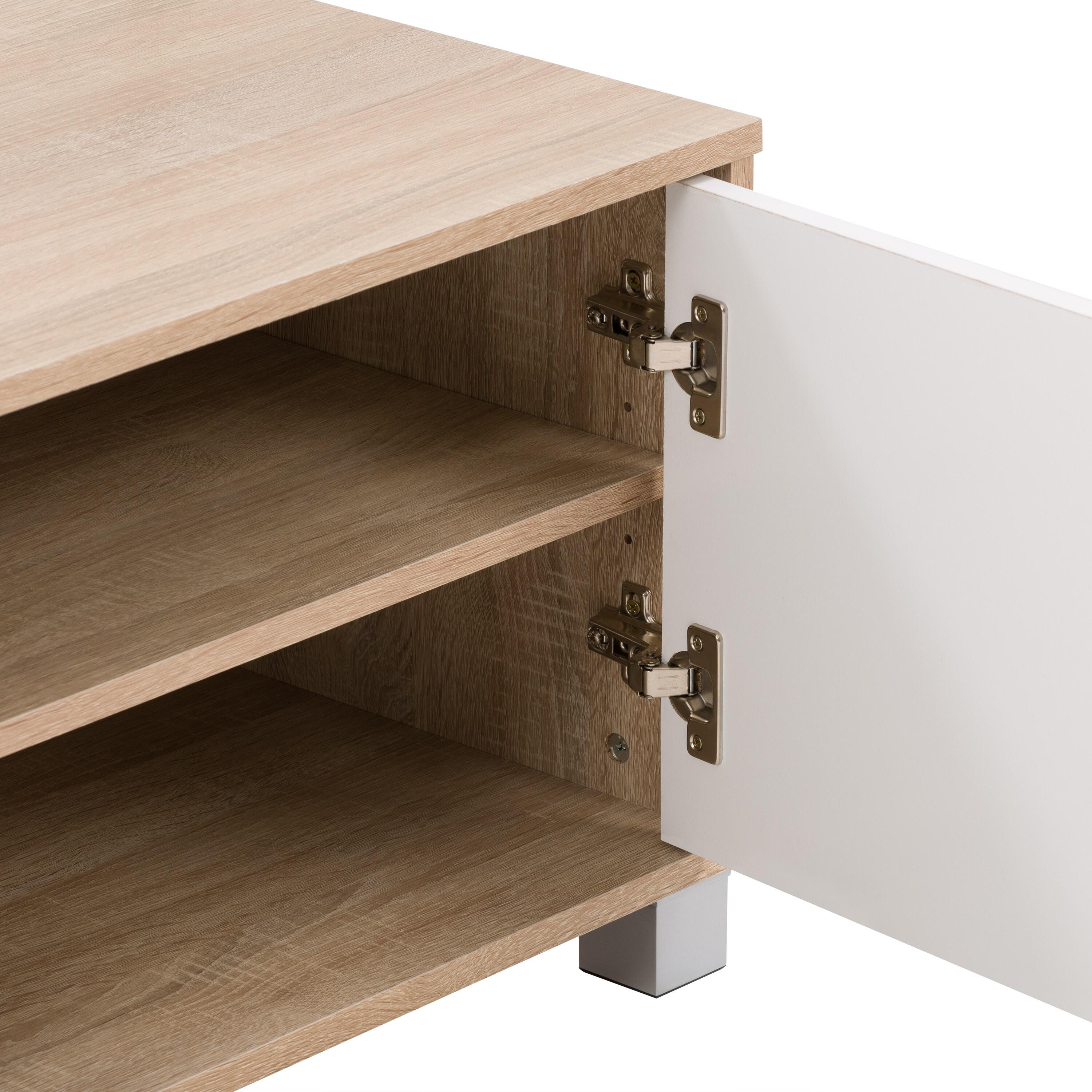 Hollywood TV Stand for TVs up to 85" with Doors Wood Grain White/Brown - CorLiving: Modern Media Console, Laminated MDF