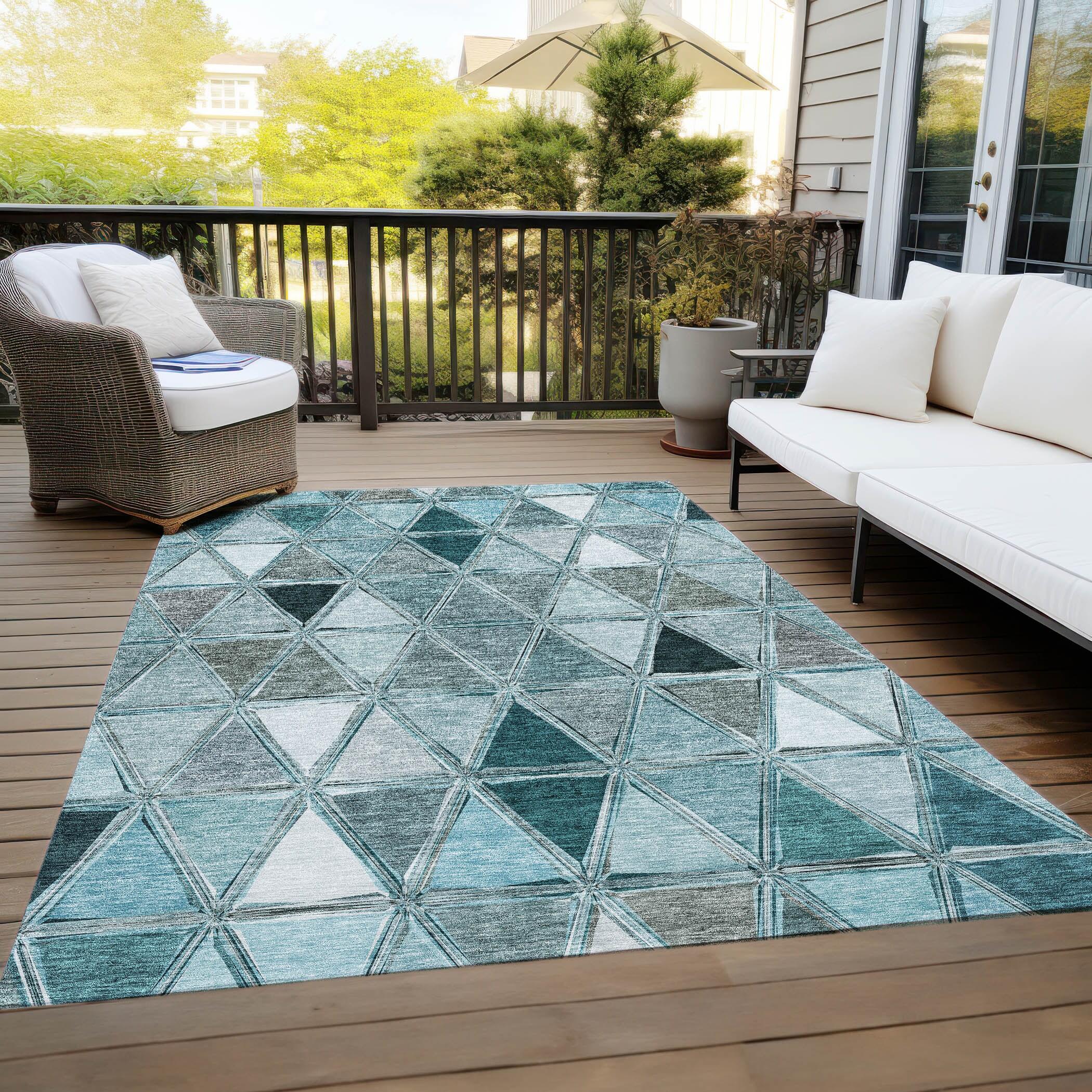 Teal Geometric Flat Woven Indoor Outdoor Washable Rug