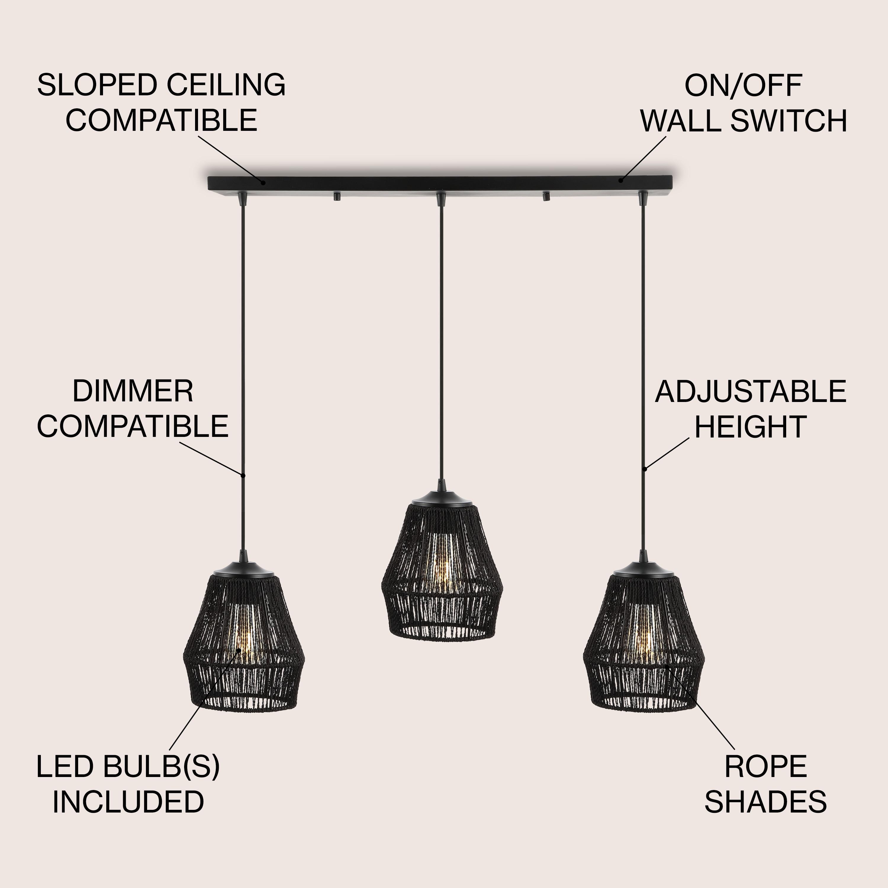30" 3-Light Ibiza Island Woven Rope/Metal Bohemian Coastal Linear Pendant (Includes LED Light Bulb) Black - JONATHAN Y