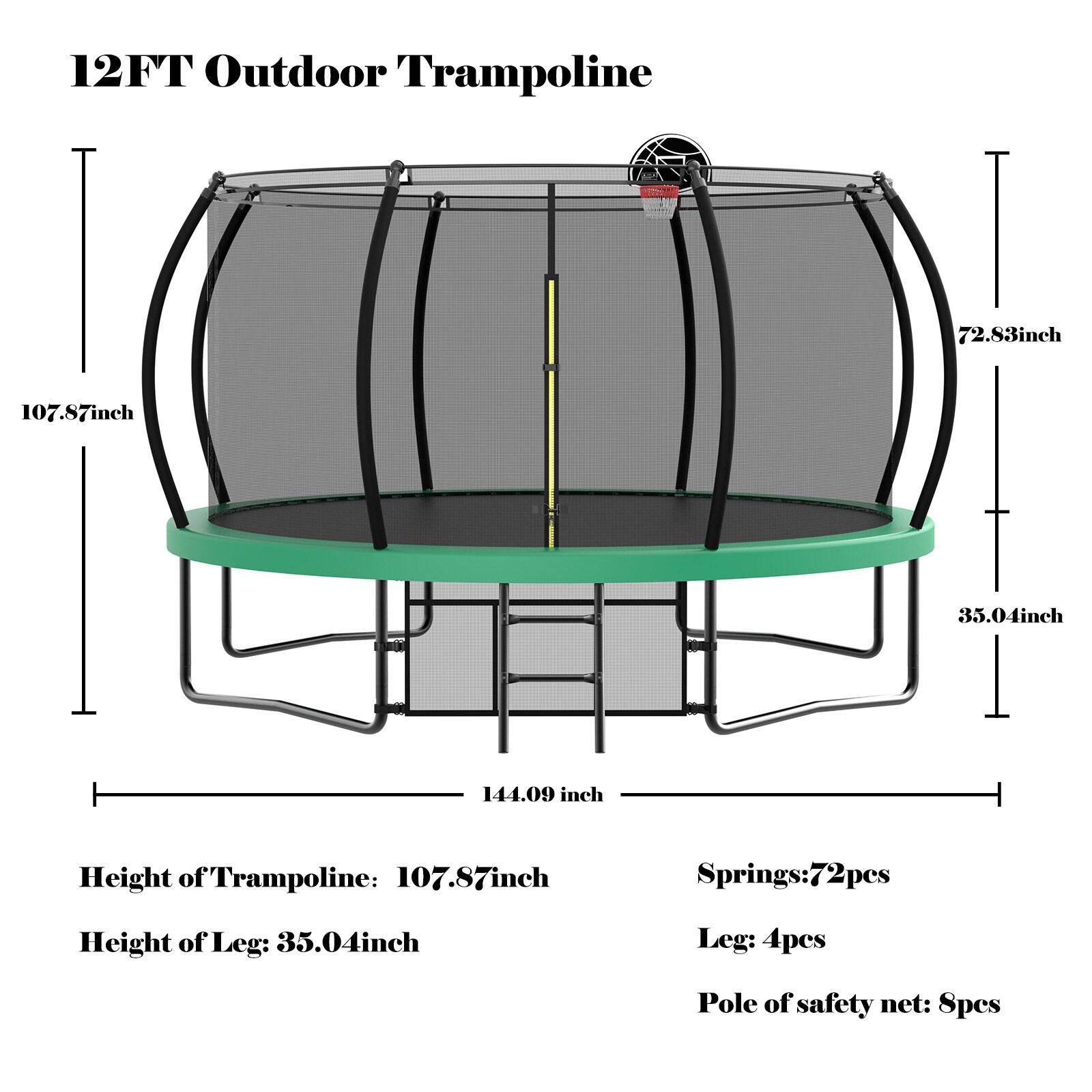 12FT Round Trampoline with Basketball Hoop for Kids, Outdoor Recreational Trampolines with Safety Enclosure Net & Ladder, 880 LBS Weight Capacity, Green