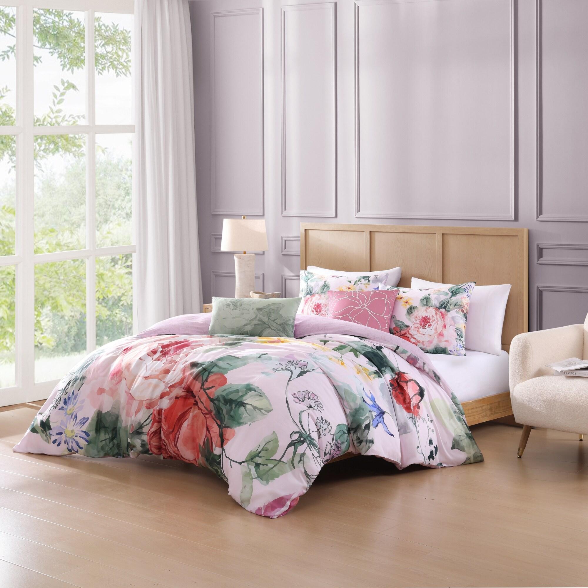 BeBeJan Bebejan Cool Pink Roses 200 Thread Count 100% Cotton Sateen 5-Piece Reversible Comforter Set