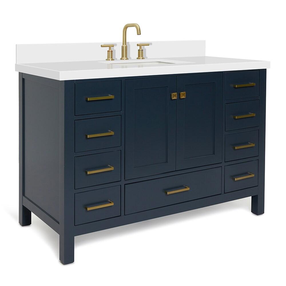 ARIEL 49" Bathroom Vanity with 1.5" Edge Pure White Quartz Countertop & Backsplash, Center Rectangular Sink, 2 Soft Closing Doors, 9 Full Extension Dovetail Drawers, Brushed Nickel - Midnight Blue