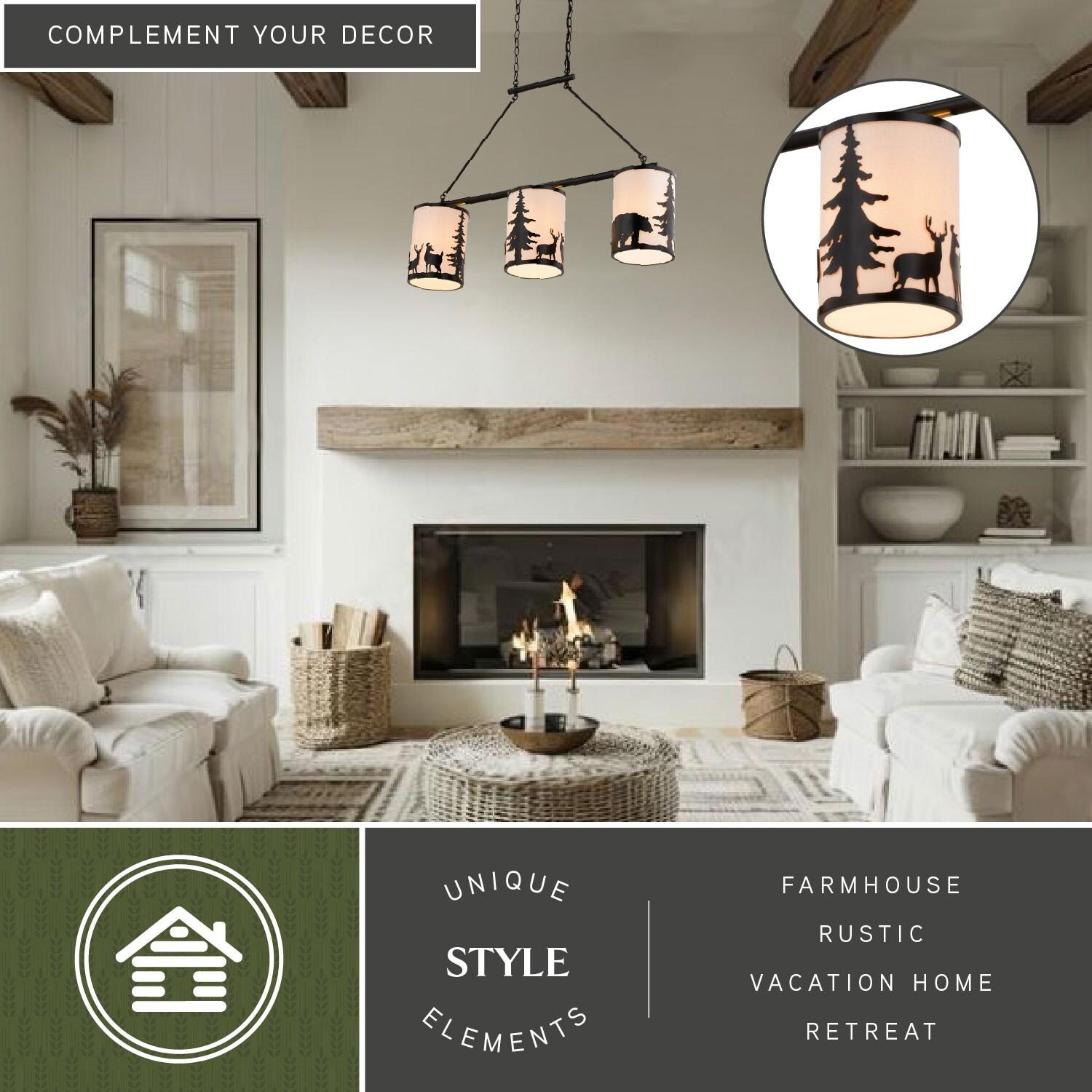 VAXCEL Acadia 3L Bronze Rustic Linear Chandelier Island Pendant Light Fixture Bear and Tree