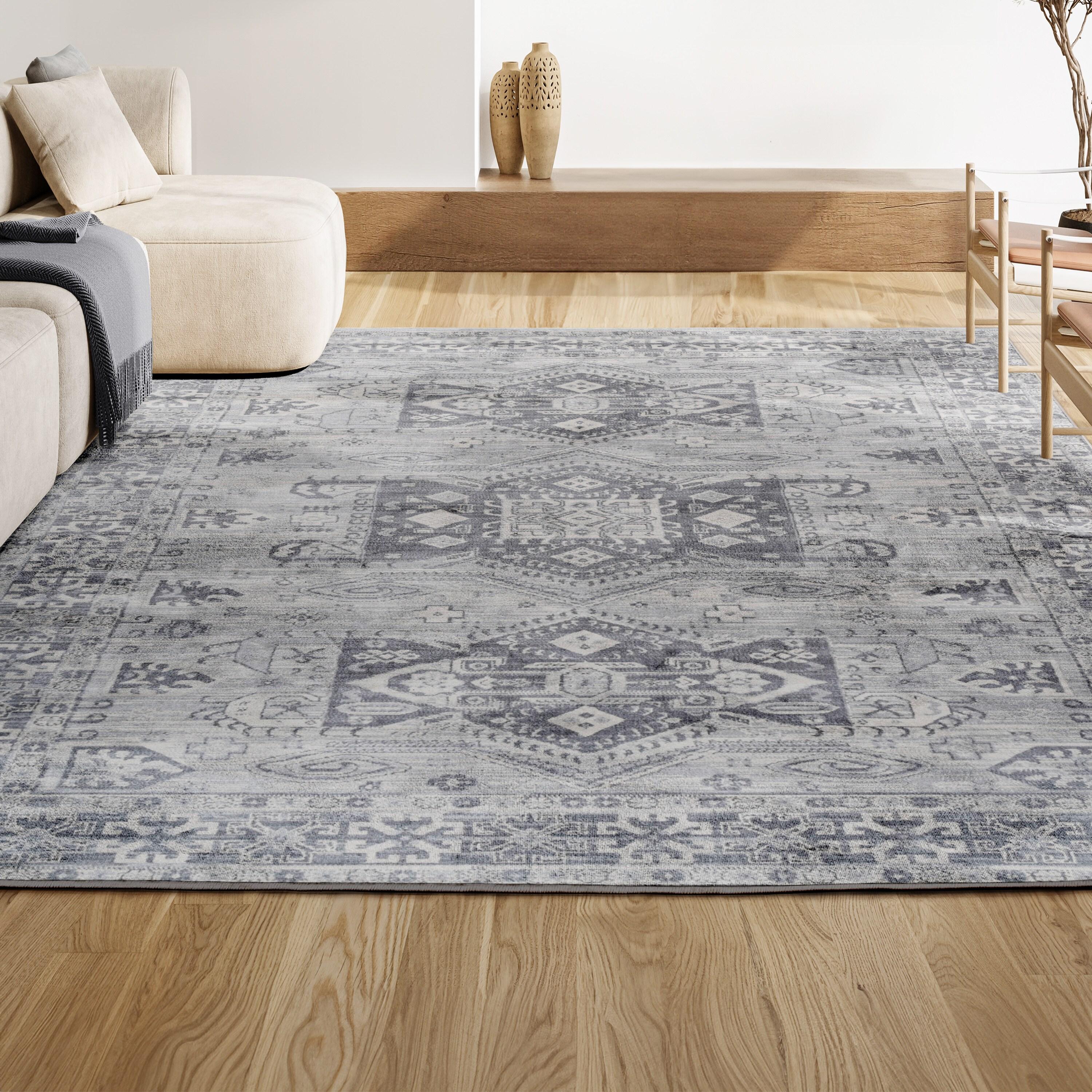 5' Square Modern Persian Vintage Medallion Area Rug, Light Gray - JONATHAN Y