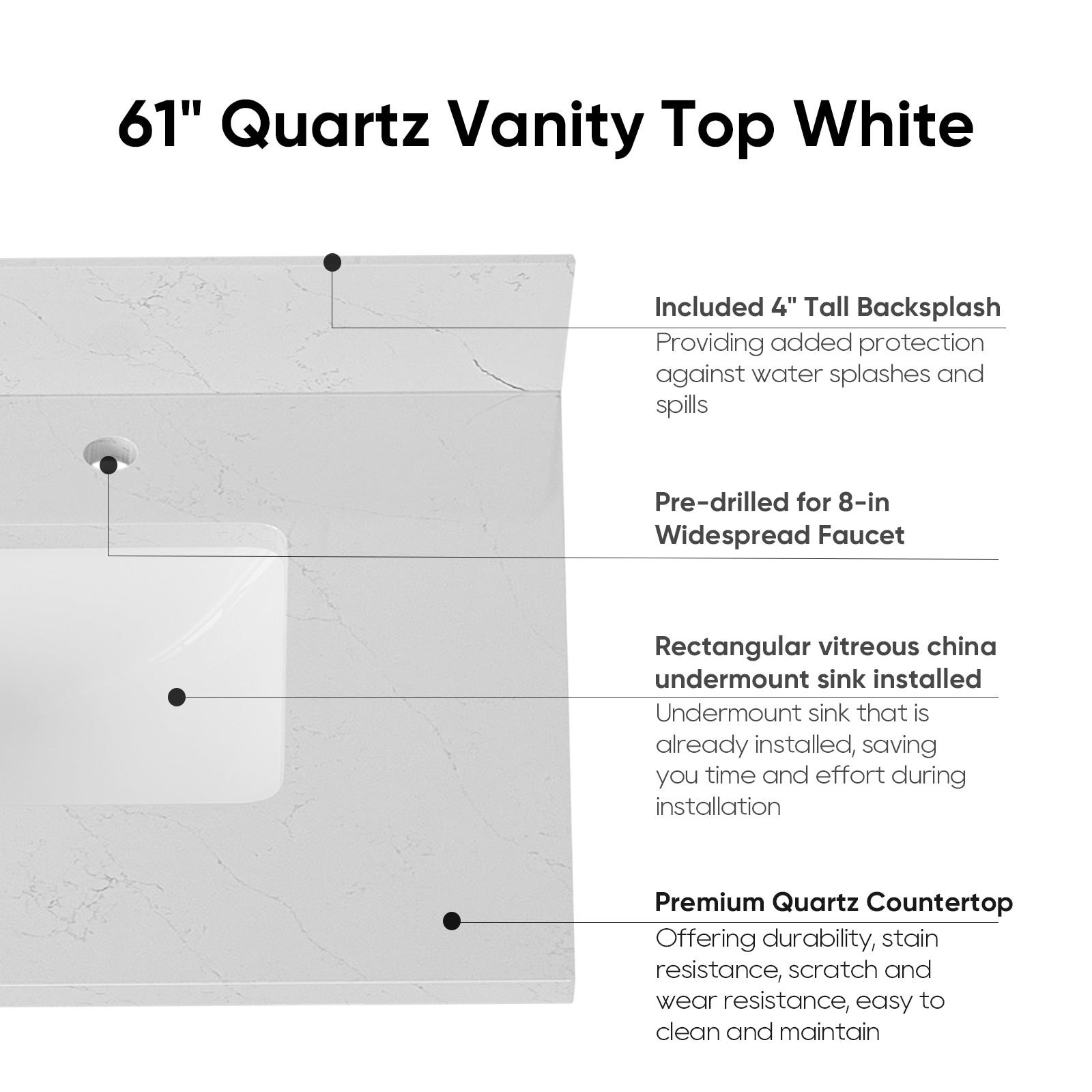 61'' Rectangular Double Sinks Vanity Top in White