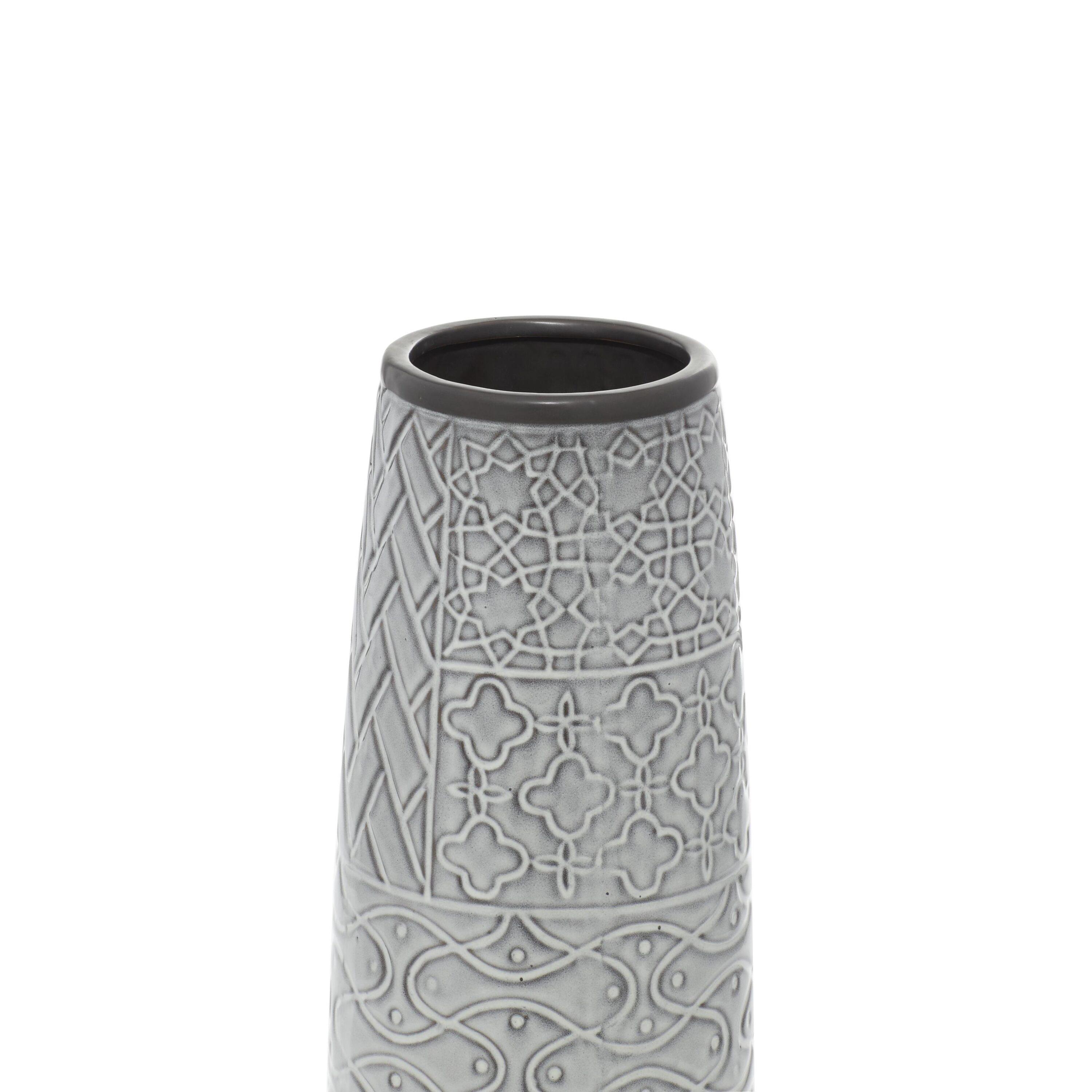 Ceramic Slim Engraved Patterned Decorative Gray Vase