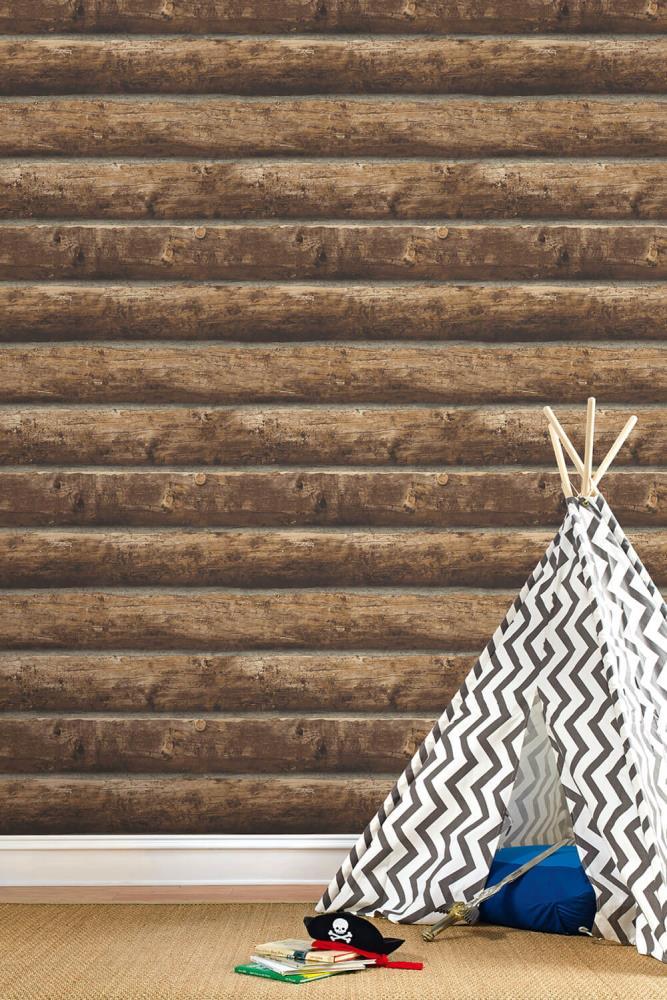 Rustic Brown Faux Log Cabin Peel and Stick Wallpaper