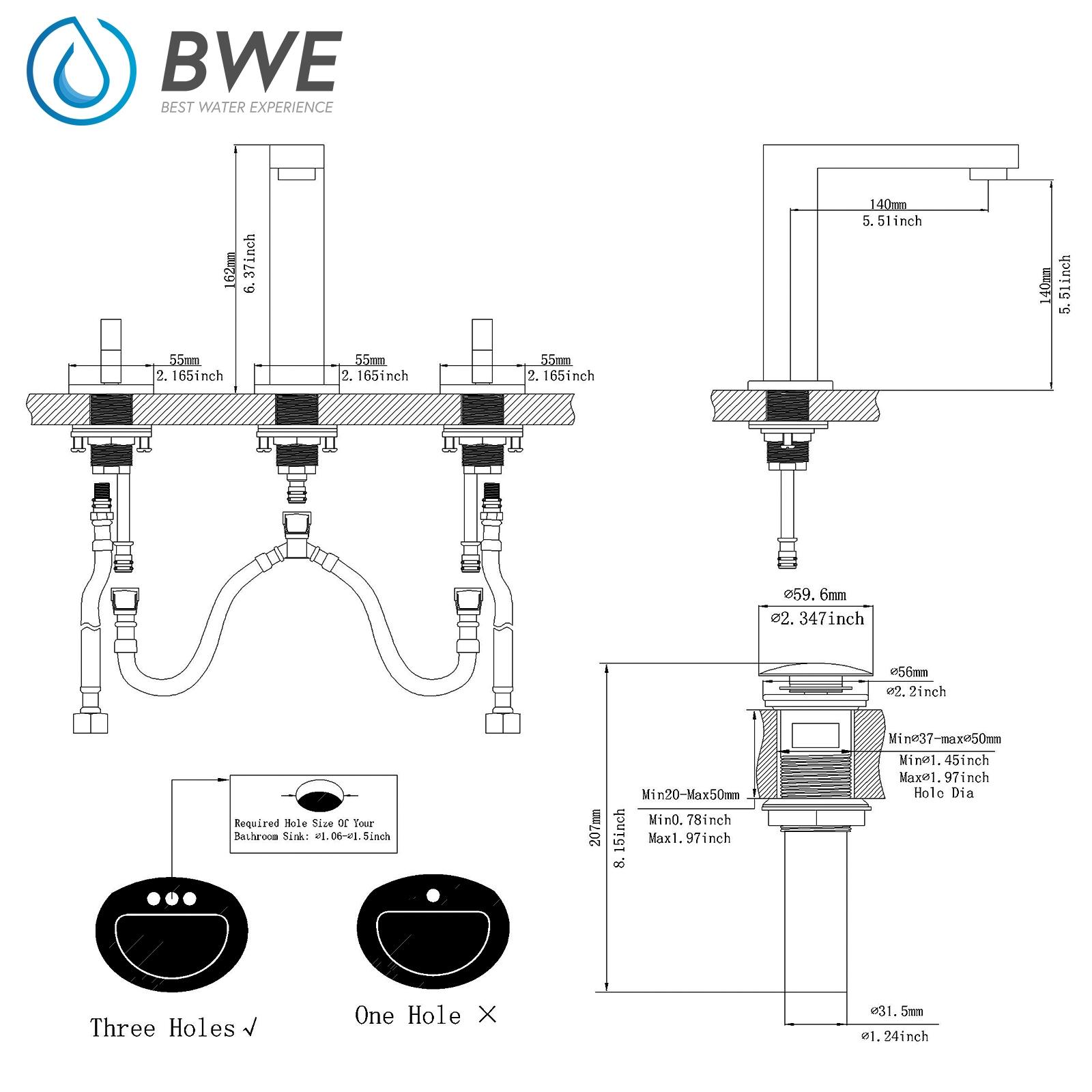 BWE Widespread Bathroom Faucet 3 Hole Brushed Gold with Supply Hose Bathroom Faucets for Sink 2-Handle 3 Pieces 8 Inch Basin Lavatory Mixer Tap Lead-Free