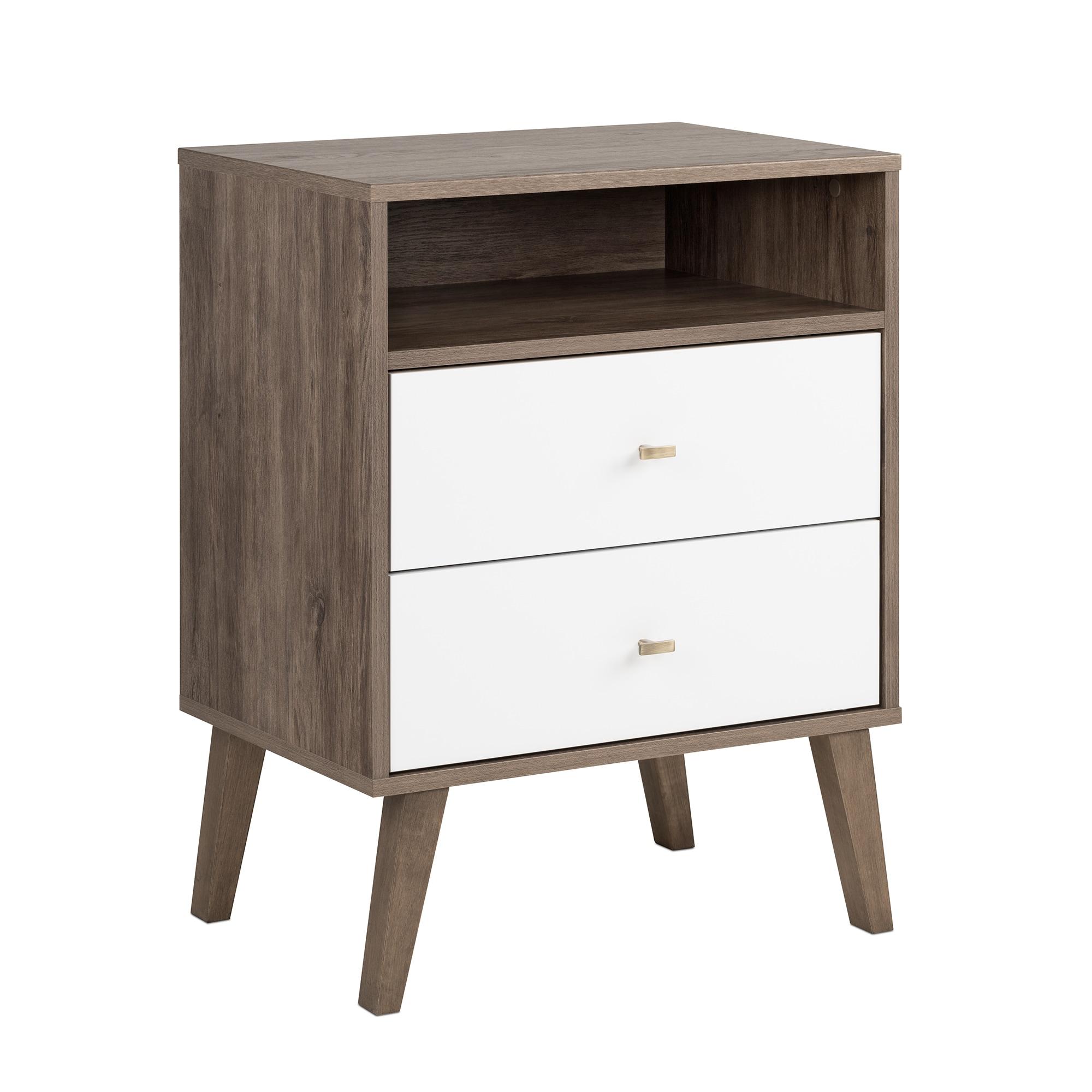 Milo Mid Century Modern 2 Drawer Tall Nightstand: Brass Knobs, Wood Legs - Prepac