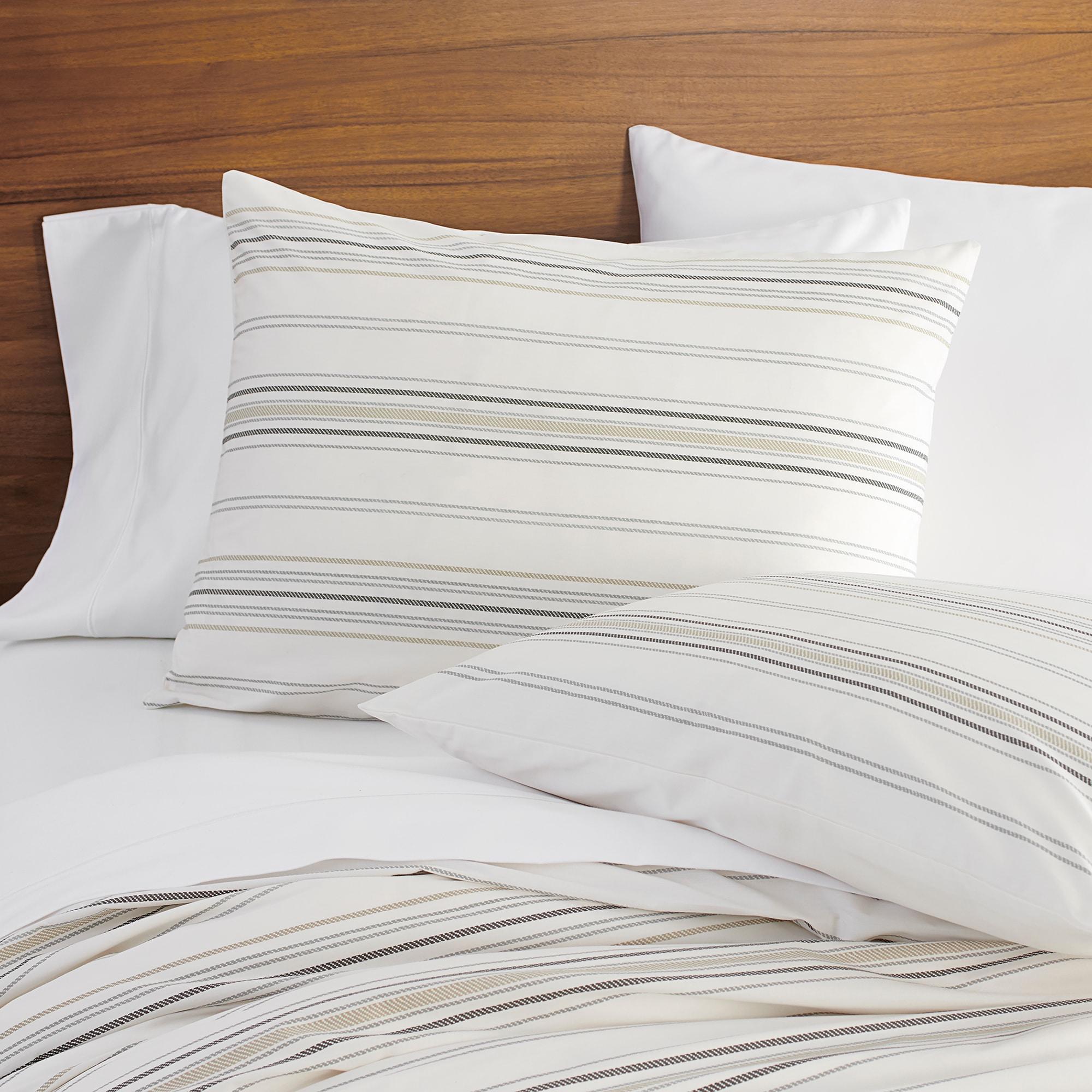 3pc King Ticking Stripe Duvet Set Beige - Simply Put: Cotton Percale, OEKO-TEX Certified, Zipper & Button Closure