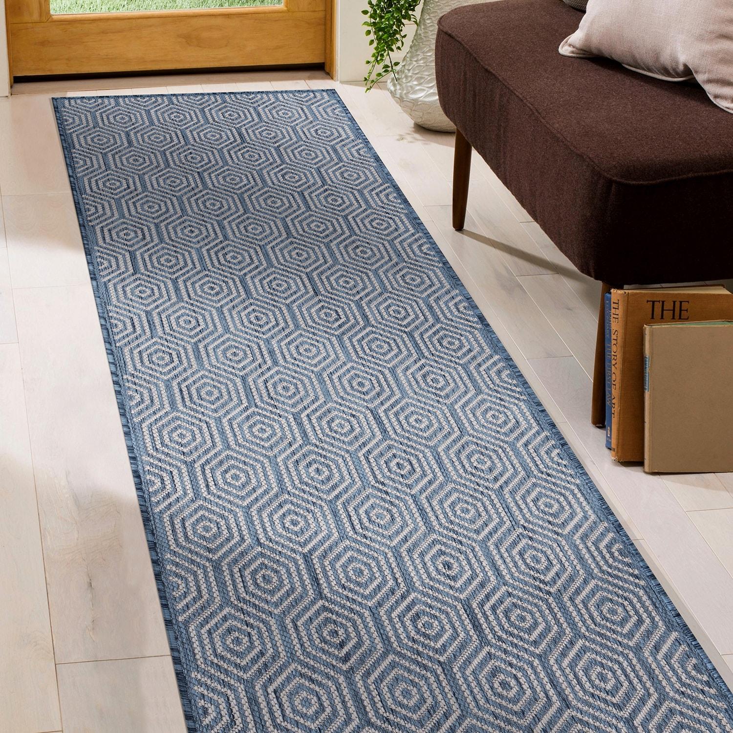 World Rug Gallery Modern Geometric Textured Flat Weave Indoor/Outdoor Area Rug - BLUE 2'x7'