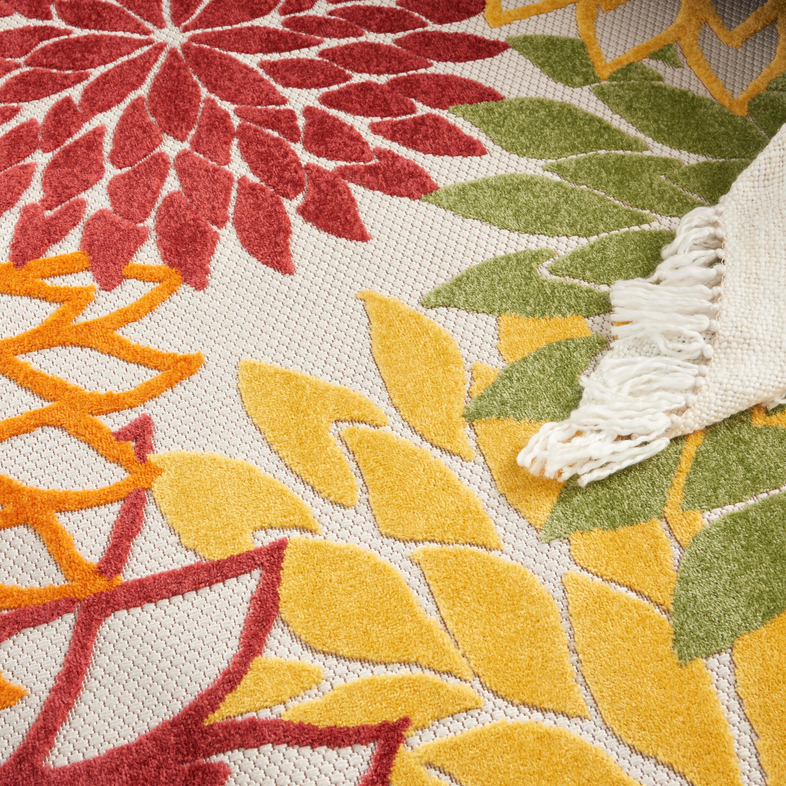 Nourison Aloha Floral Bloom Flatweave High-Low Indoor Outdoor Round Rug Red Multi Colored 5'3" x 5'3"