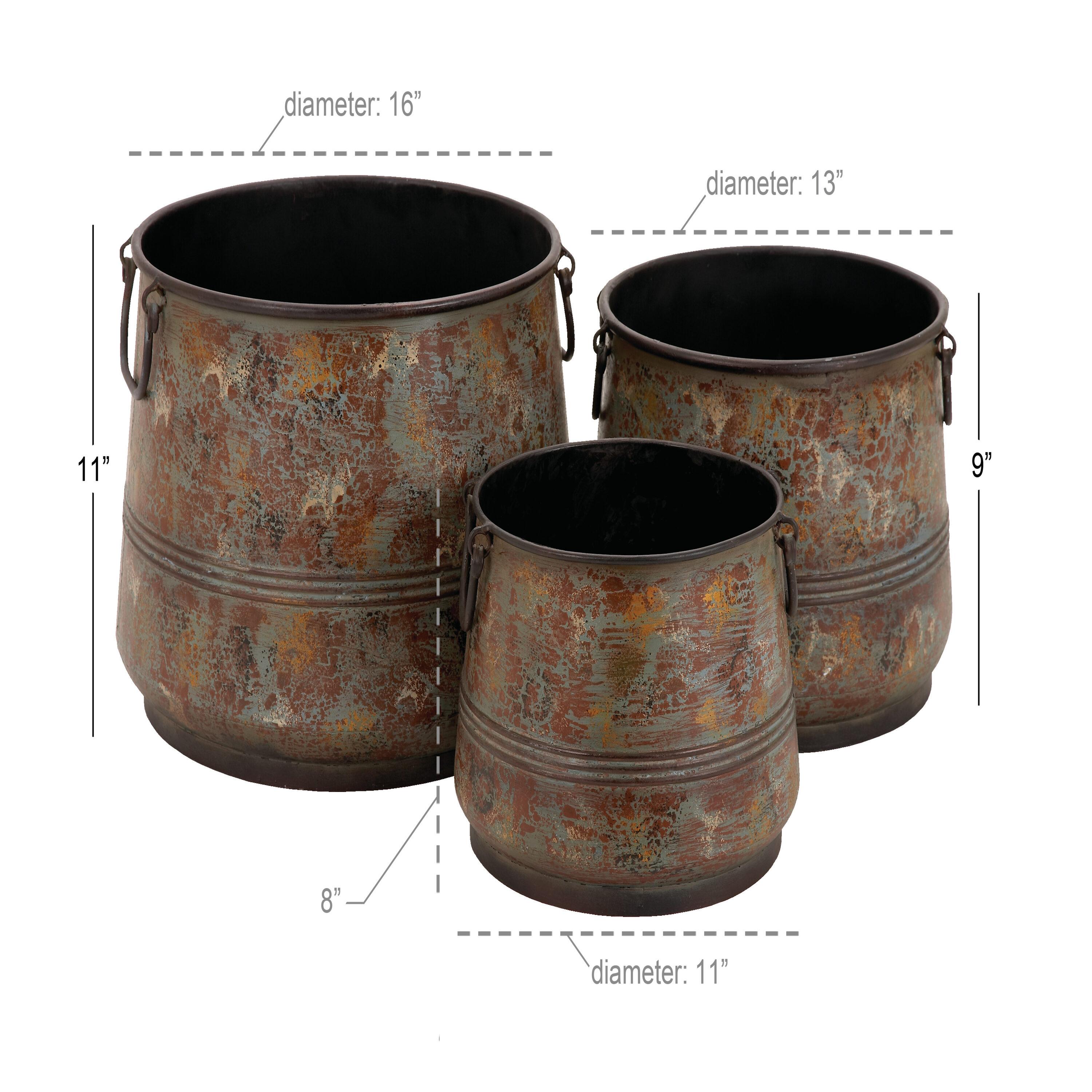 Gracie Oaks Cowden 3 Piece Metal Distressed Bucket Style Indoor Outdoor Bronze Planter with Side Ring Handles Set
