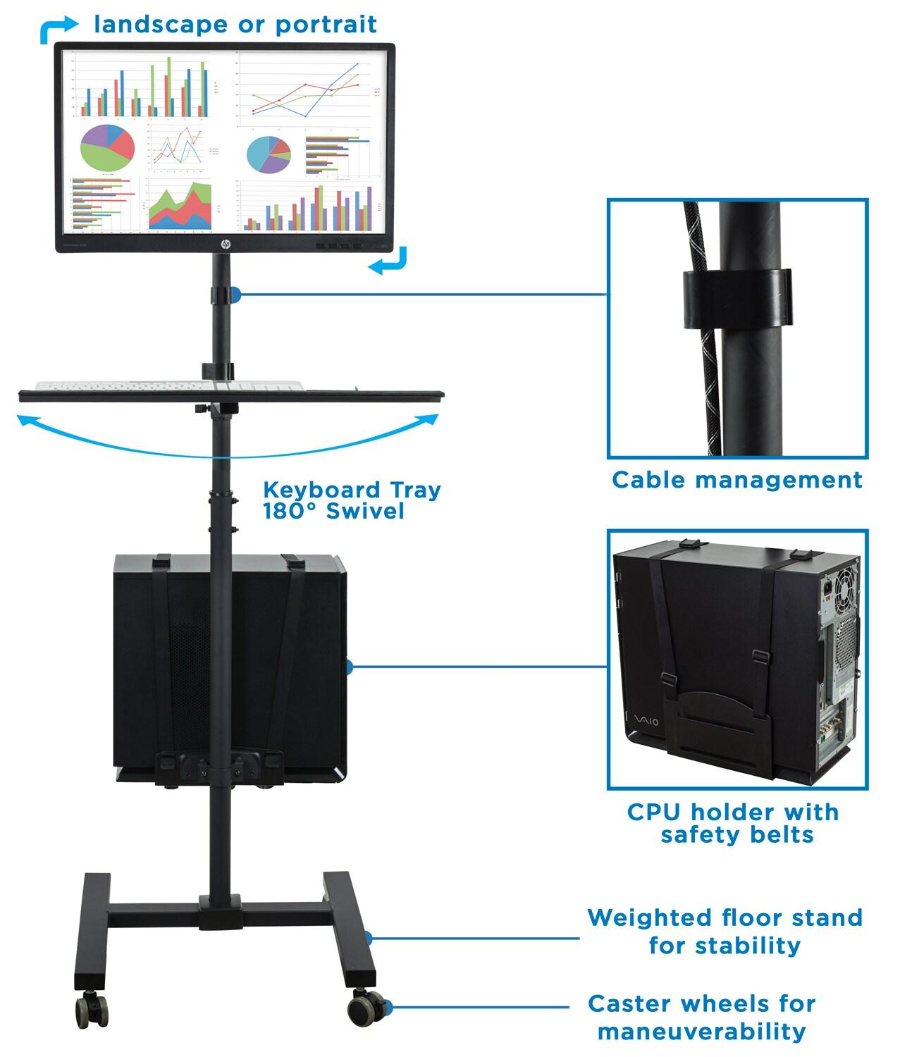 Mount-it Mount-It! Height Adjustable Rolling Computer Cart, Workstation with Tray Monitor Mount & CPU Holder