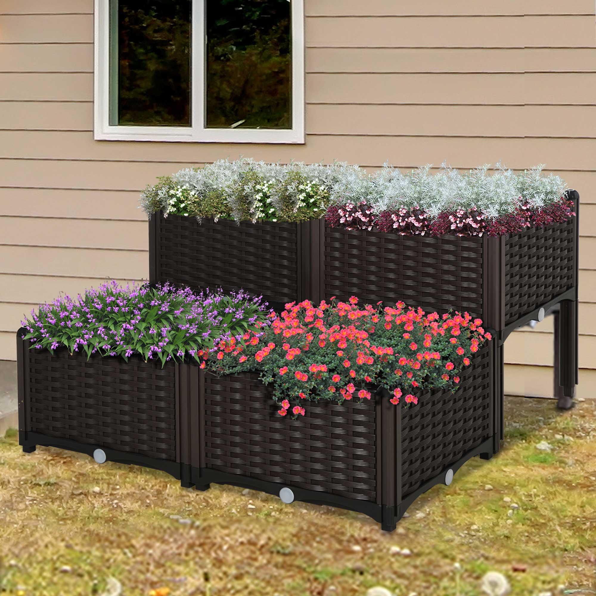 Outsunny 4-Piece Raised Garden Bed Planter Raised Bed with Self-Watering Design and Drainage Holes for Flowers, Brown