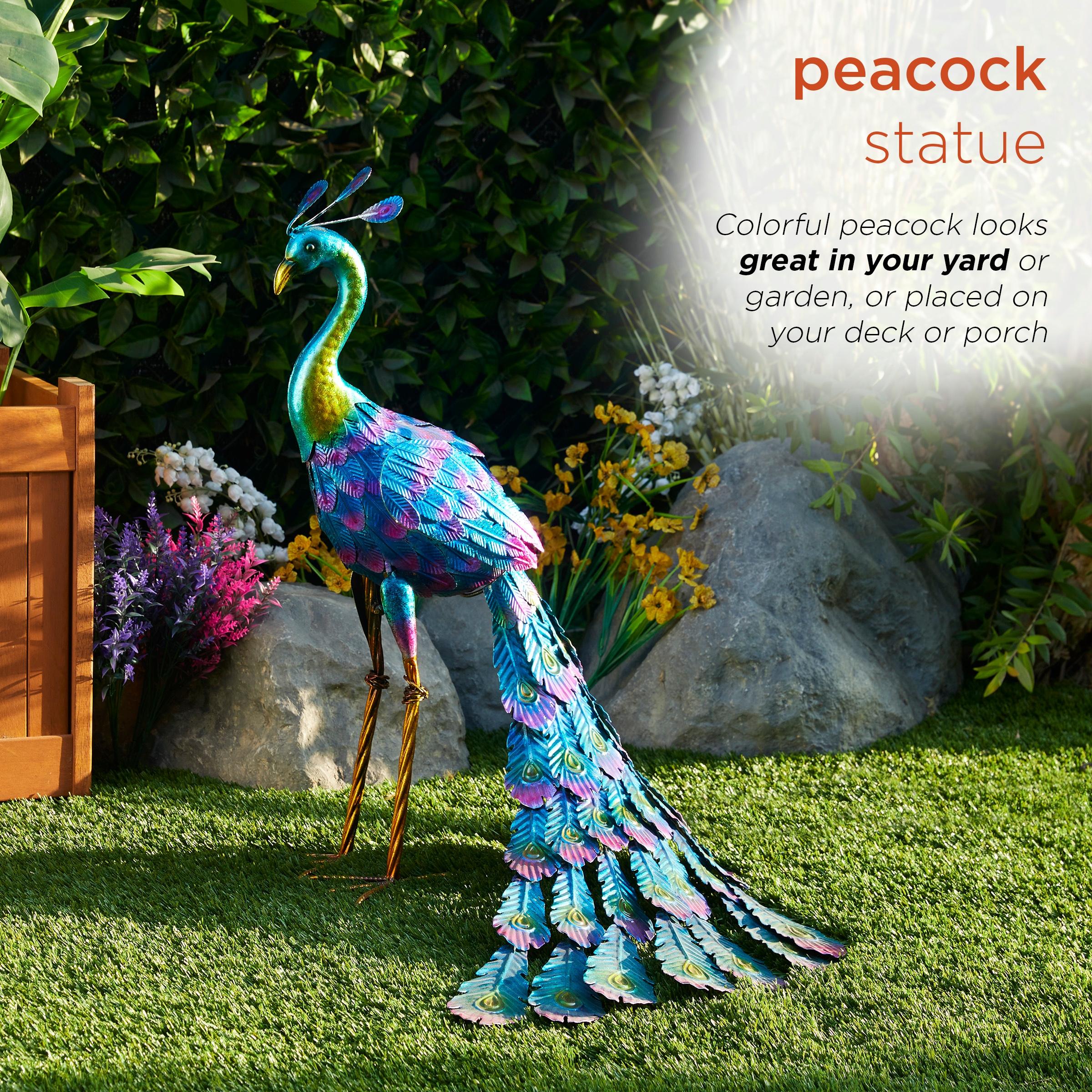 28" Metal Peacock Outdoor Decor With Glossy Finish Statue - Alpine Corporation: Garden Art, No Battery Required