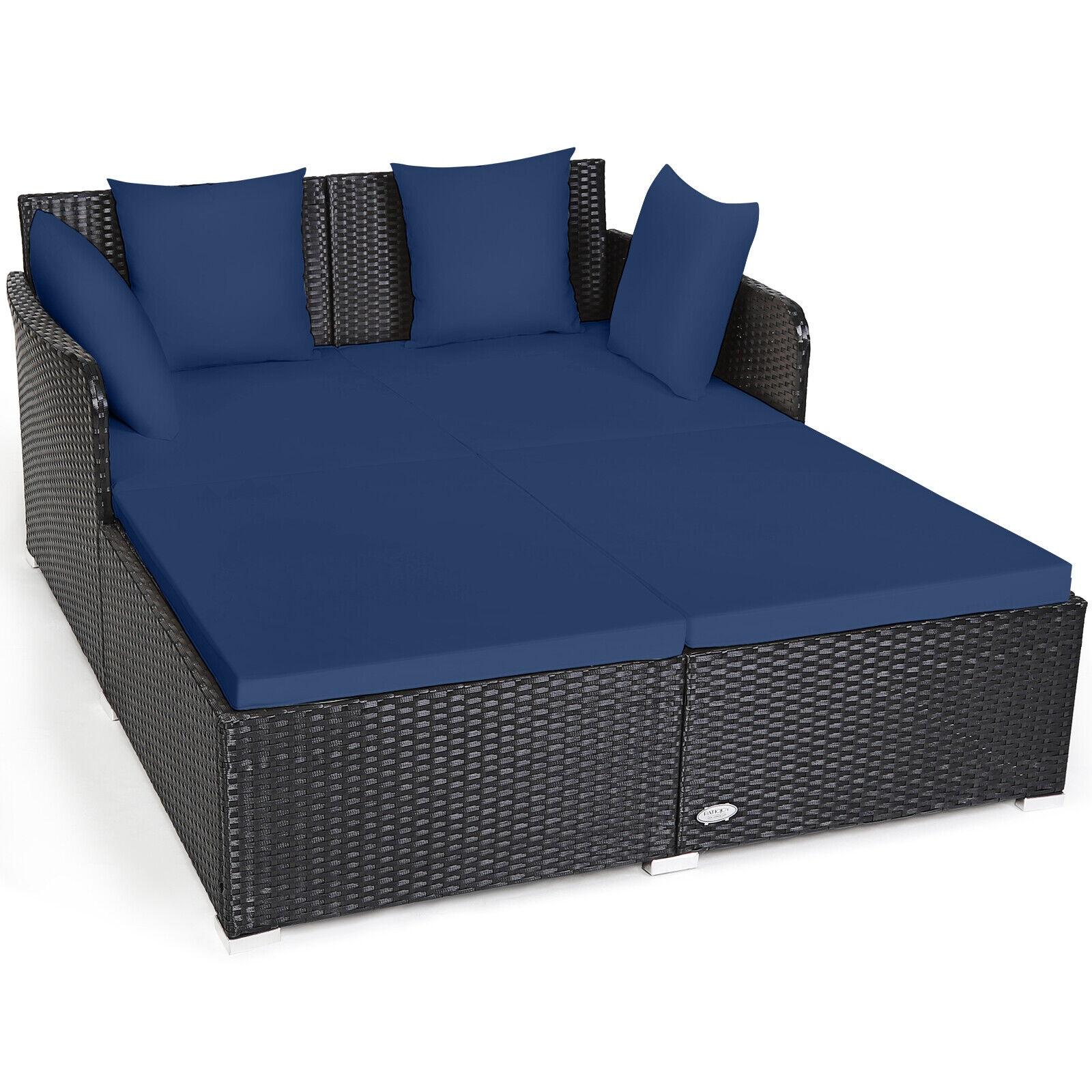 Costway Outdoor Patio Rattan Daybed Pillows Cushioned Sofa Furniture Navy