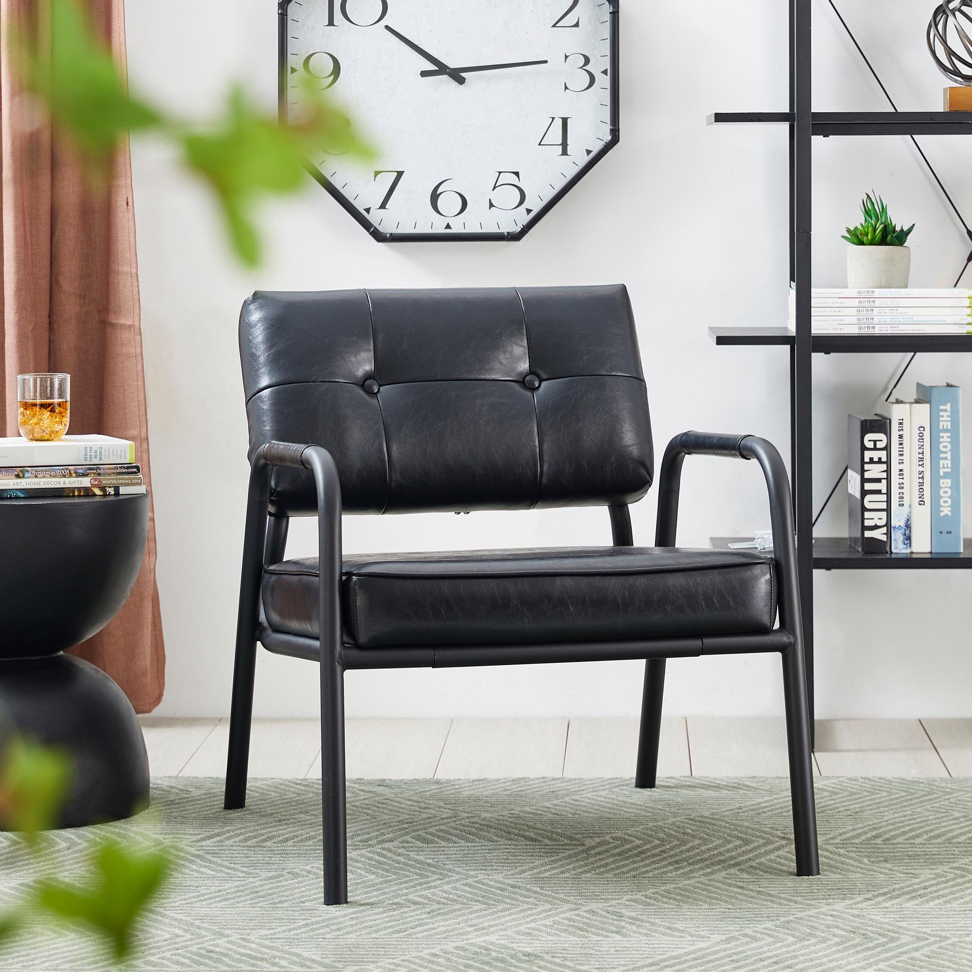 Mid-Century Modern Leatherette Arm Accent Chair Frosted Black Metal Frame Black - Glitzhome