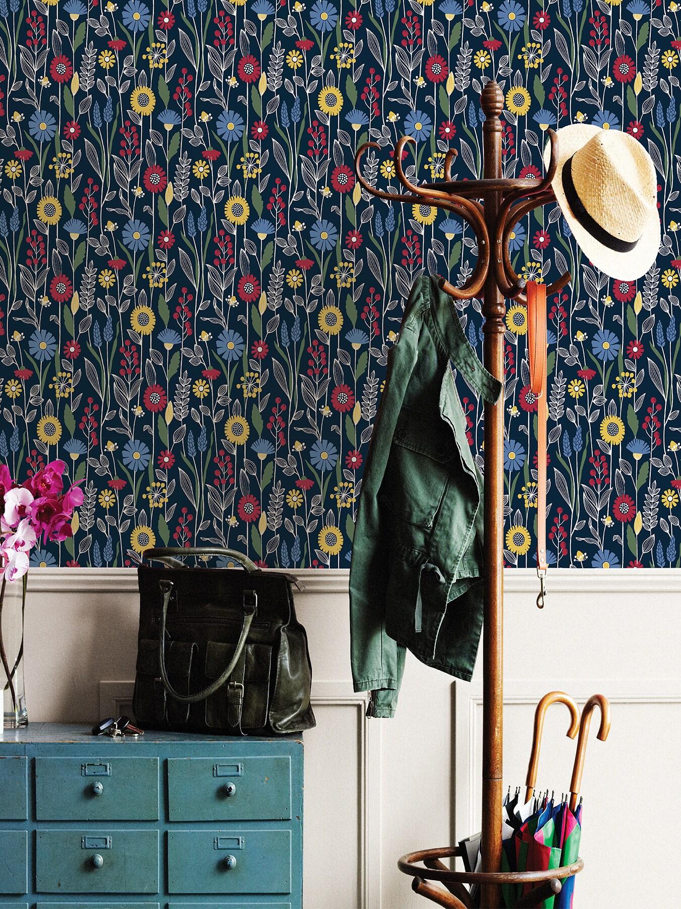 NuWallpaper Navy Jane Peel and Stick Wallpaper: Removable Floral Botanical PVC, Self-Adhesive, 30.75 Sq Ft Coverage